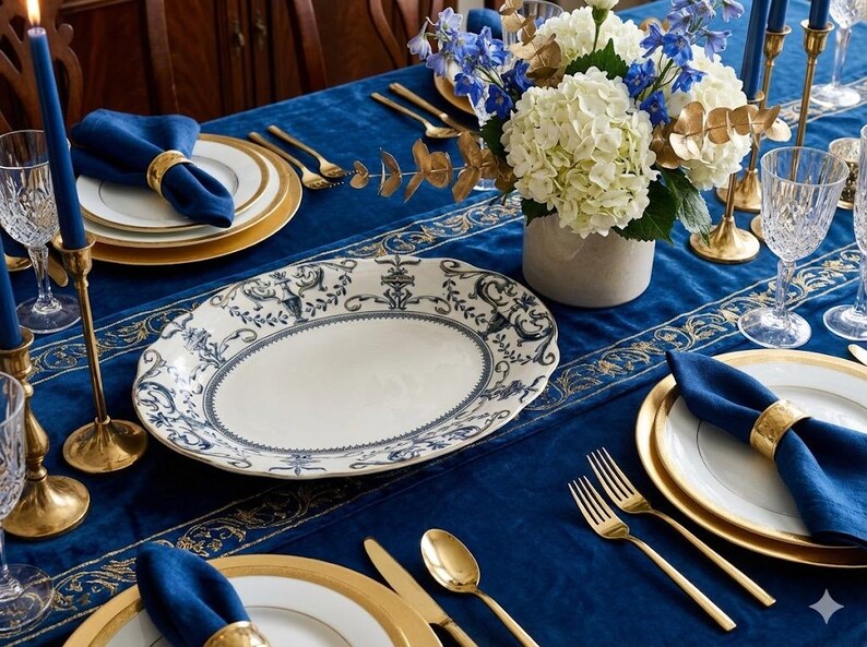 K&ouml;nnte beinhalten: Eine formelle Tischdekoration mit einer blauen Samt-Tischdecke, goldger&auml;nderten Tellern und goldenem Besteck. Eine gro&szlig;e ovale Platte in Wei&szlig; und Blau steht im Mittelpunkt. Blaue Servietten werden von goldenen Serviettenringen gehalten. Blumen und Kerzen.