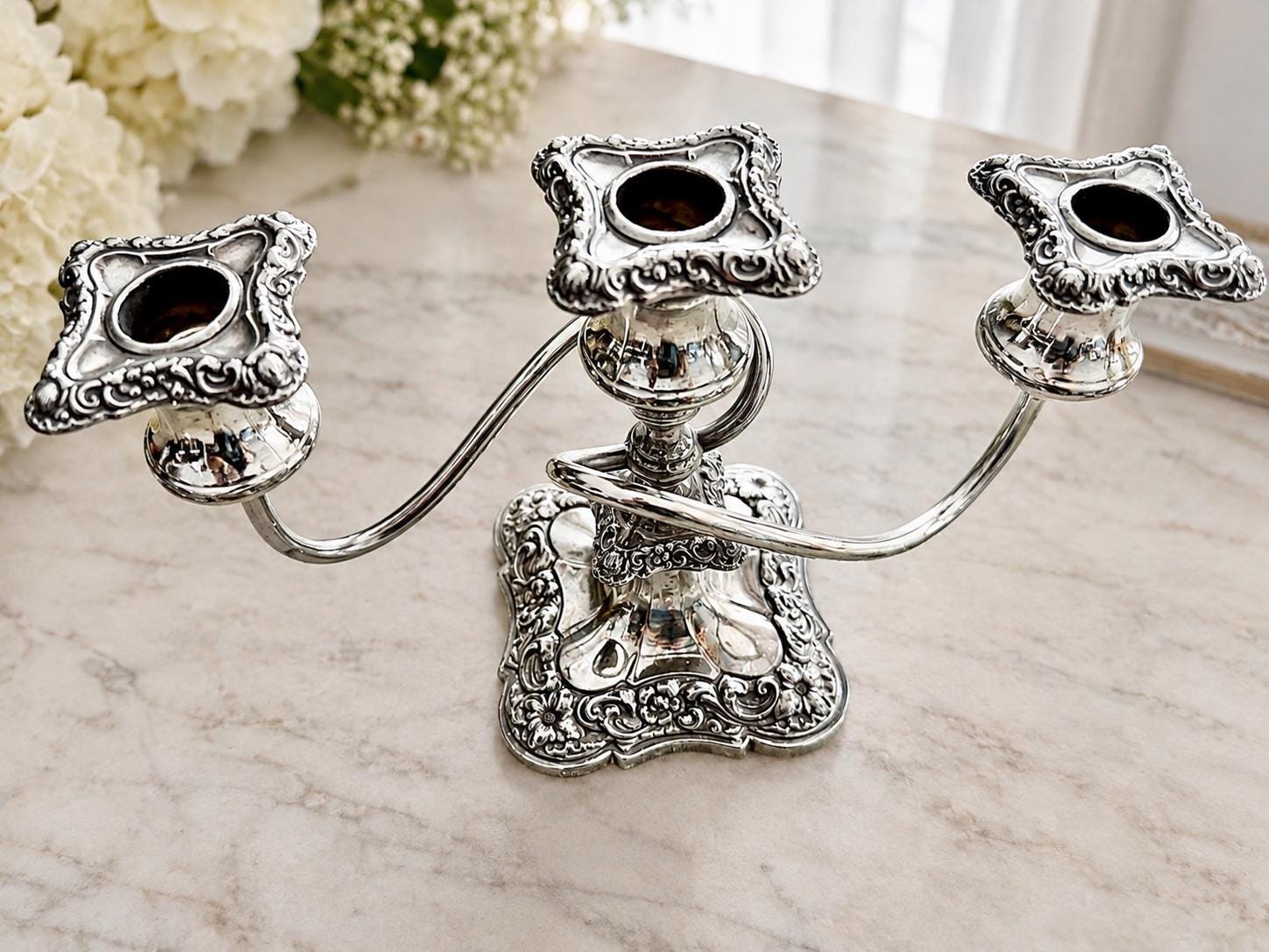Vintage Ornate Silverplate Three-Light Candelabrum | Rococo Style Candle Holder | Elegant Table Centerpiece