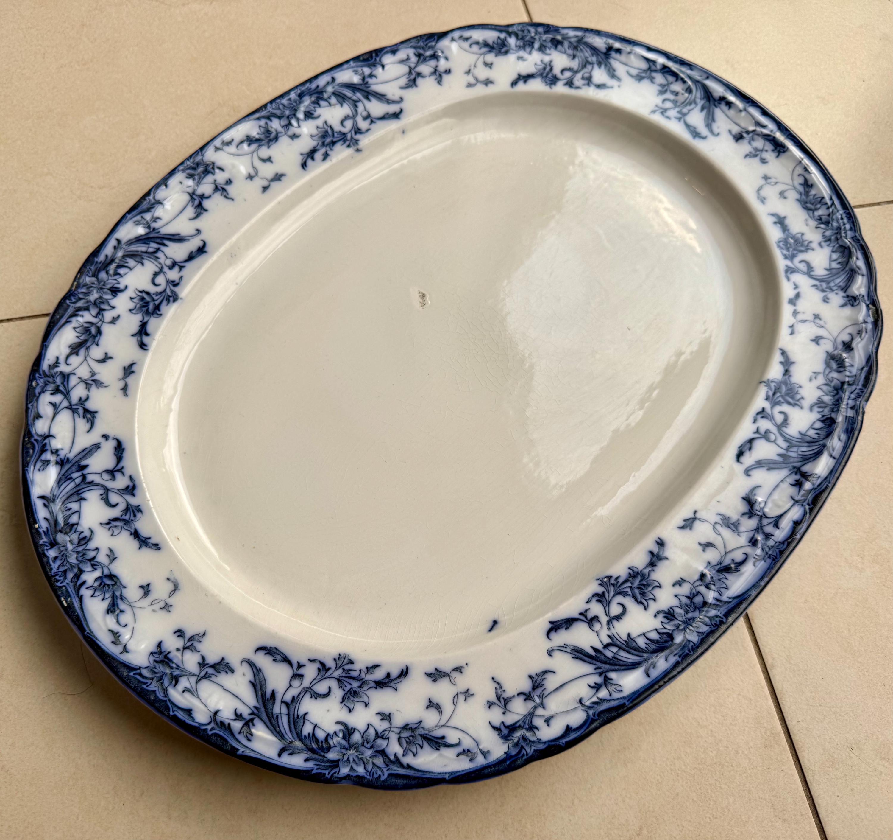 Antique 1880s Bridgwood Son Blue & White Transferware Oval Platter – 18 1/2” x 14 1/2”