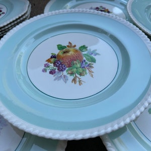 Puede incluir: Una pila de platos de cena de cer&aacute;mica azul claro con un borde blanco en forma de cuerda. Cada plato presenta un centro blanco con un borde verde y un dise&ntilde;o pintado de una manzana roja, moras y hojas verdes.