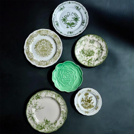 Curated Green Vintage Plate Collection – Botanical & Floral Plates – Mix Match Wall Decor