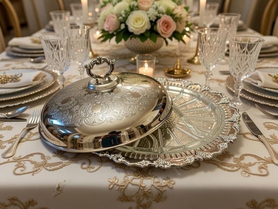 Fancy & Ornate Large Vintage Silver Plate Covered Dish with Glass Insert, Sheffield Reproduction