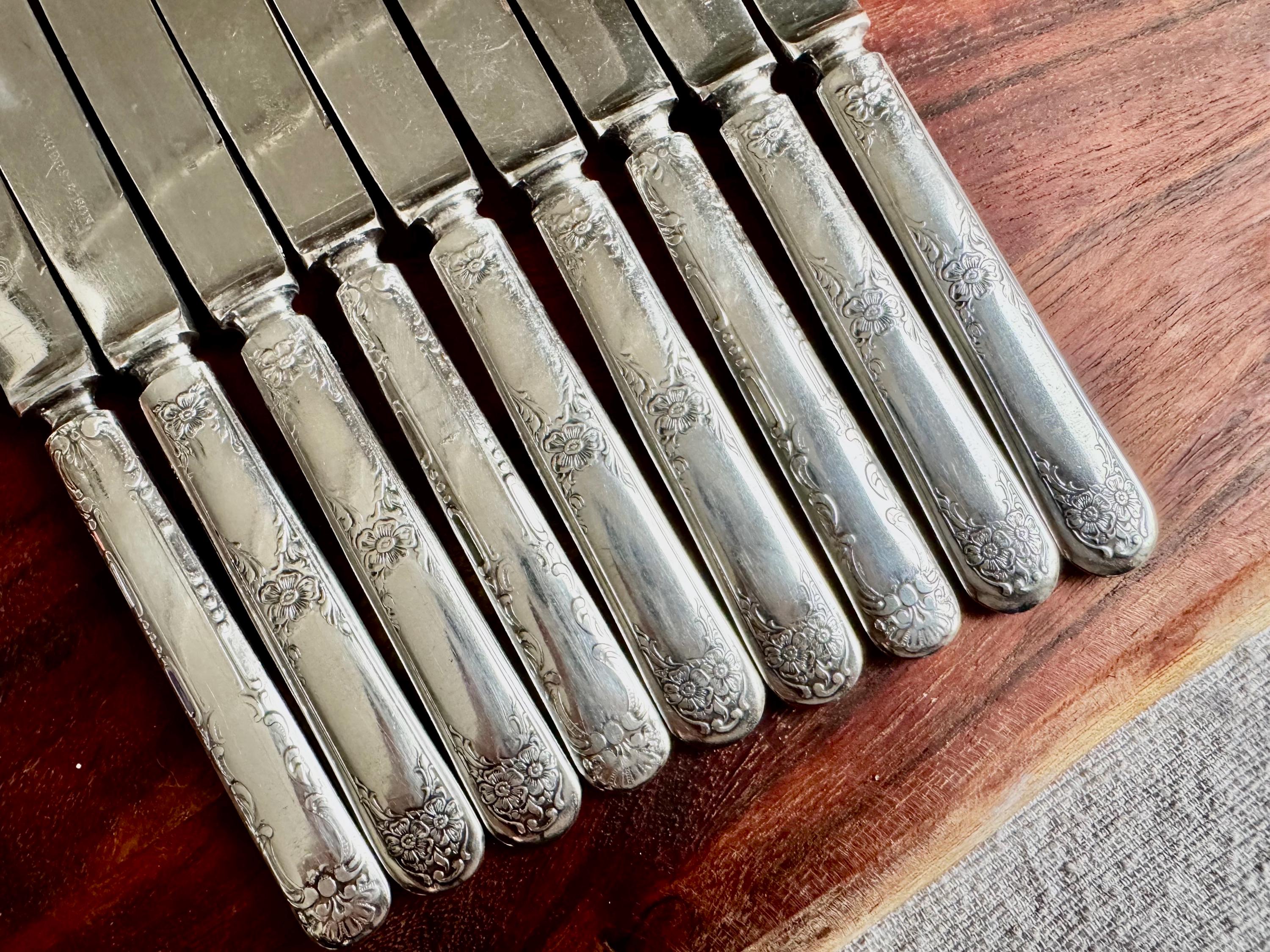 Vintage Wm. Rogers Silverplate Fruit or Butter Knives – Set of 9 – Floral Handles