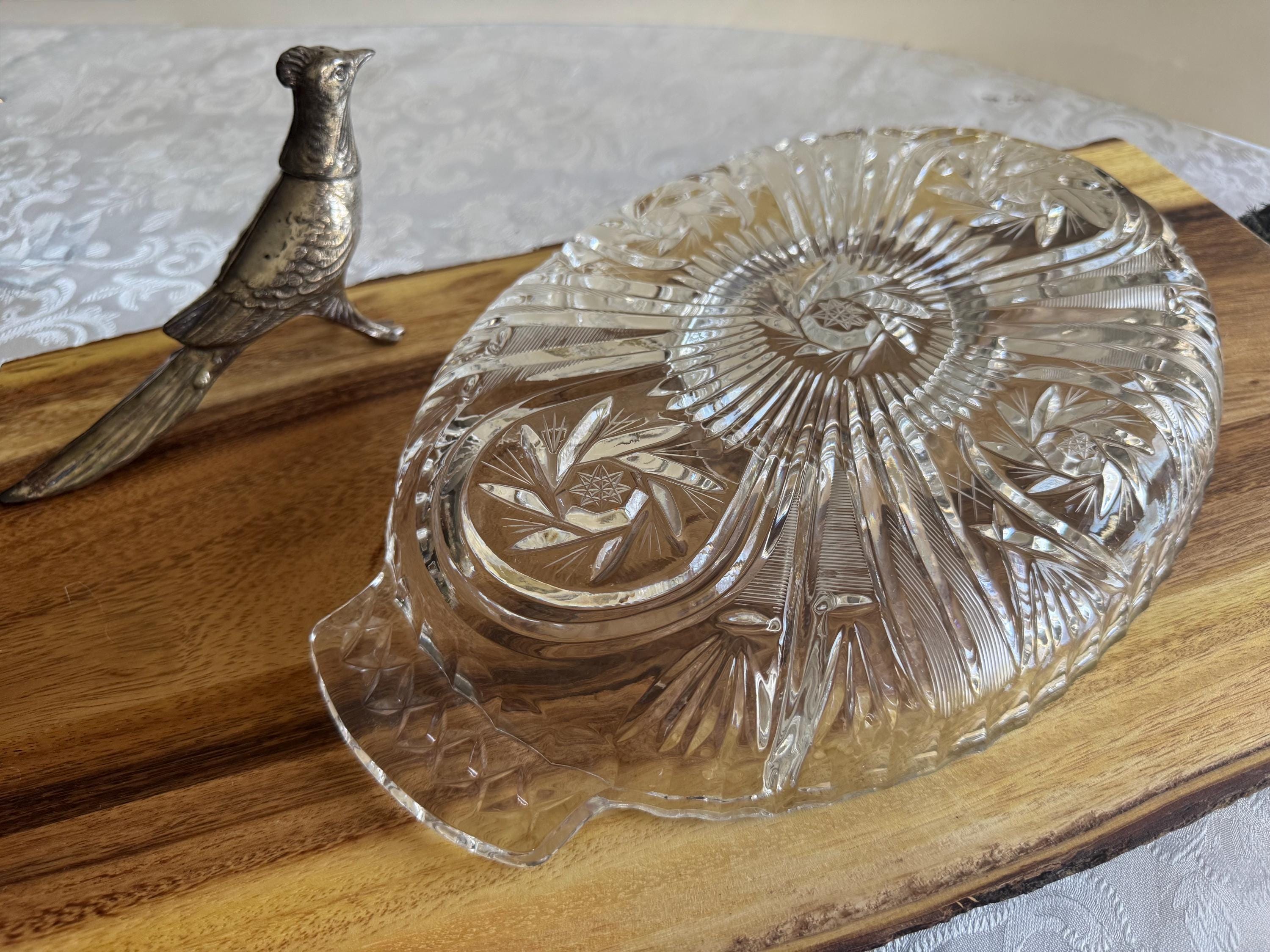 Vintage Heavy Divided Crystal Hors D'Oeuvres Tray: Starburst Crystal Nibbles Dish