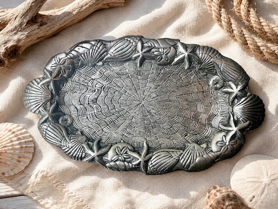 Mariposa Starfish & Scallop Shell Oval Platter | Coastal Aluminum Serving Tray | 18″
