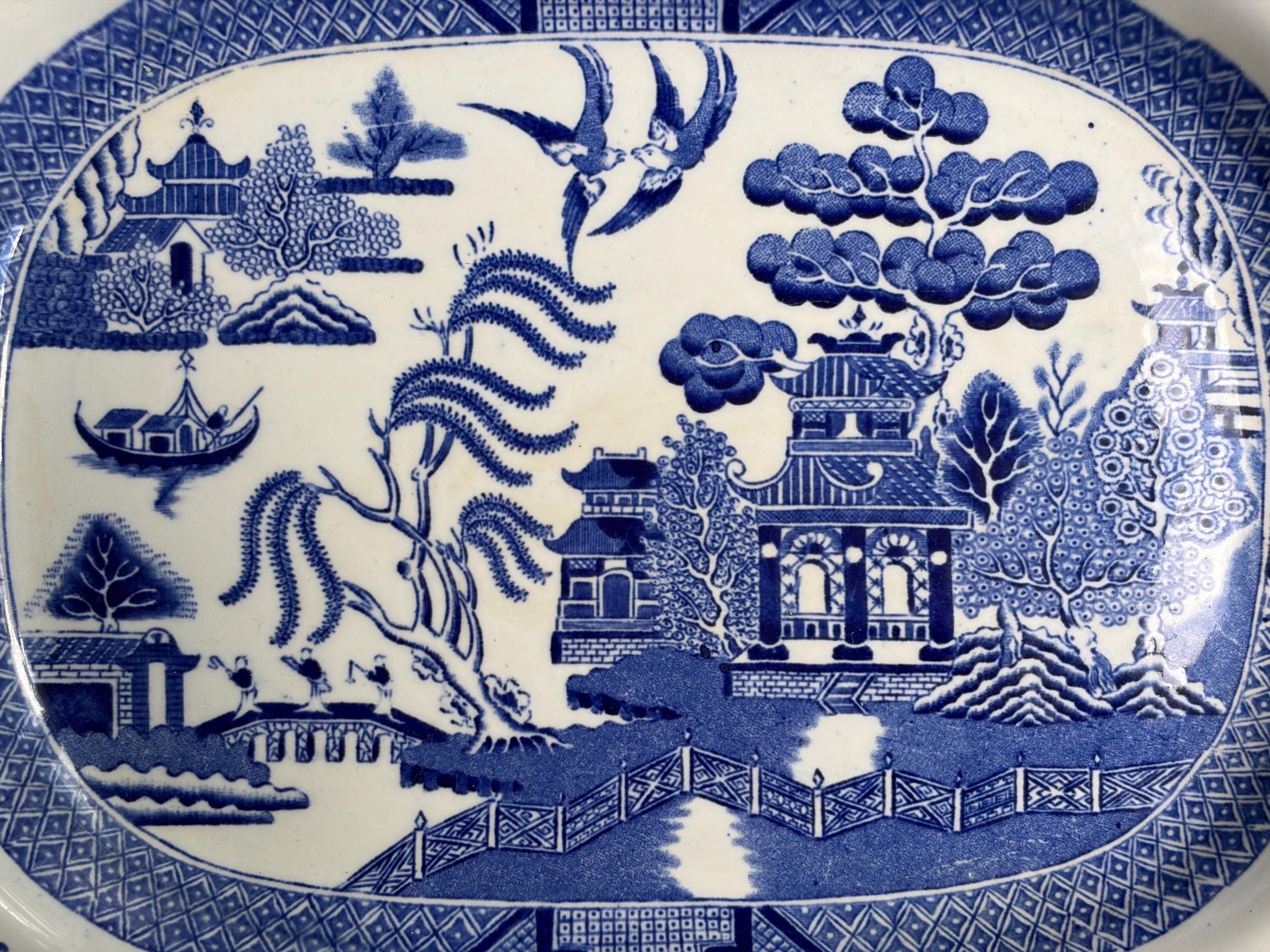 Antique or Vintage Blue White Transferware Platters | W. Ridgway Blue Willow 1912–1927, Royal Grafton Bone China, Wood & Sons England