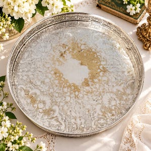 Vintage Sheffield England Silverplate Serving Tray – 12” Chased Floral Engraving – Pierced Gallery – Heavy Ornate Round Tray image 4