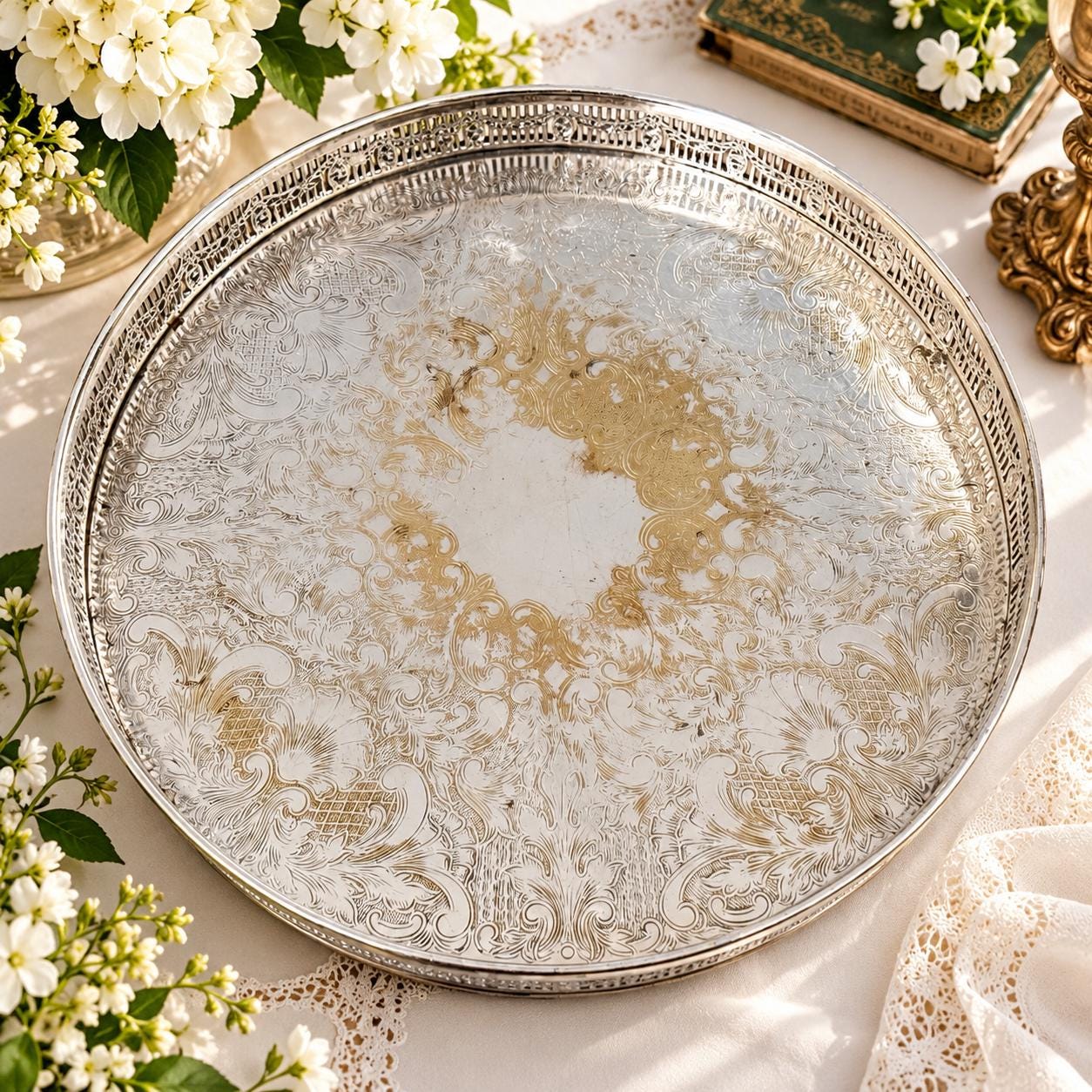 Vintage Sheffield England Silverplate Serving Tray – 12” Chased Floral Engraving – Pierced Gallery – Heavy Ornate Round Tray