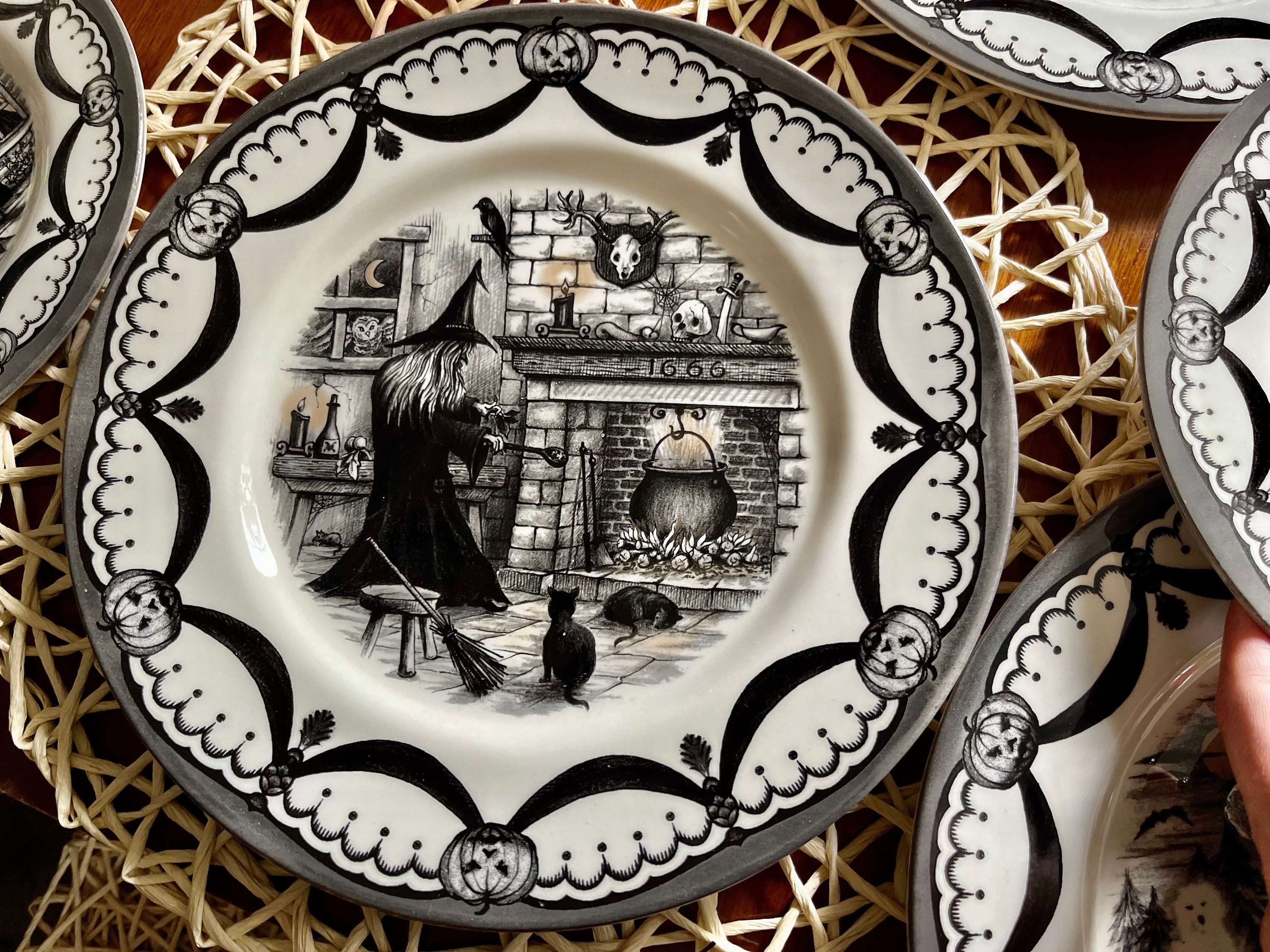 Halloween Salad Plates: Royal Stafford Transferware, Wicked Witches Coven Haunted House