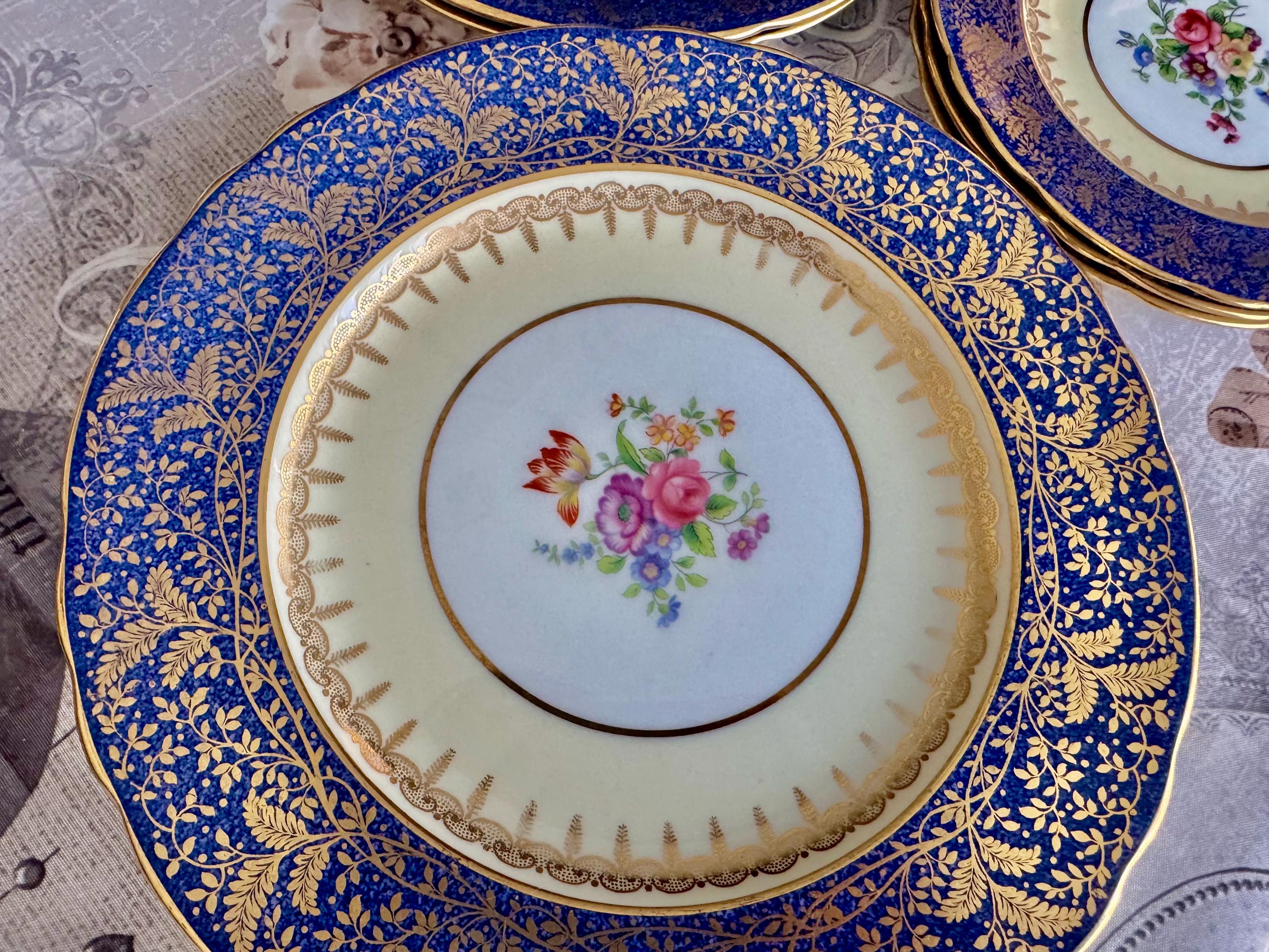 Vintage Aynsley Cobalt Blue Gold Encrusted Fine Bone China Dinner Set for Two