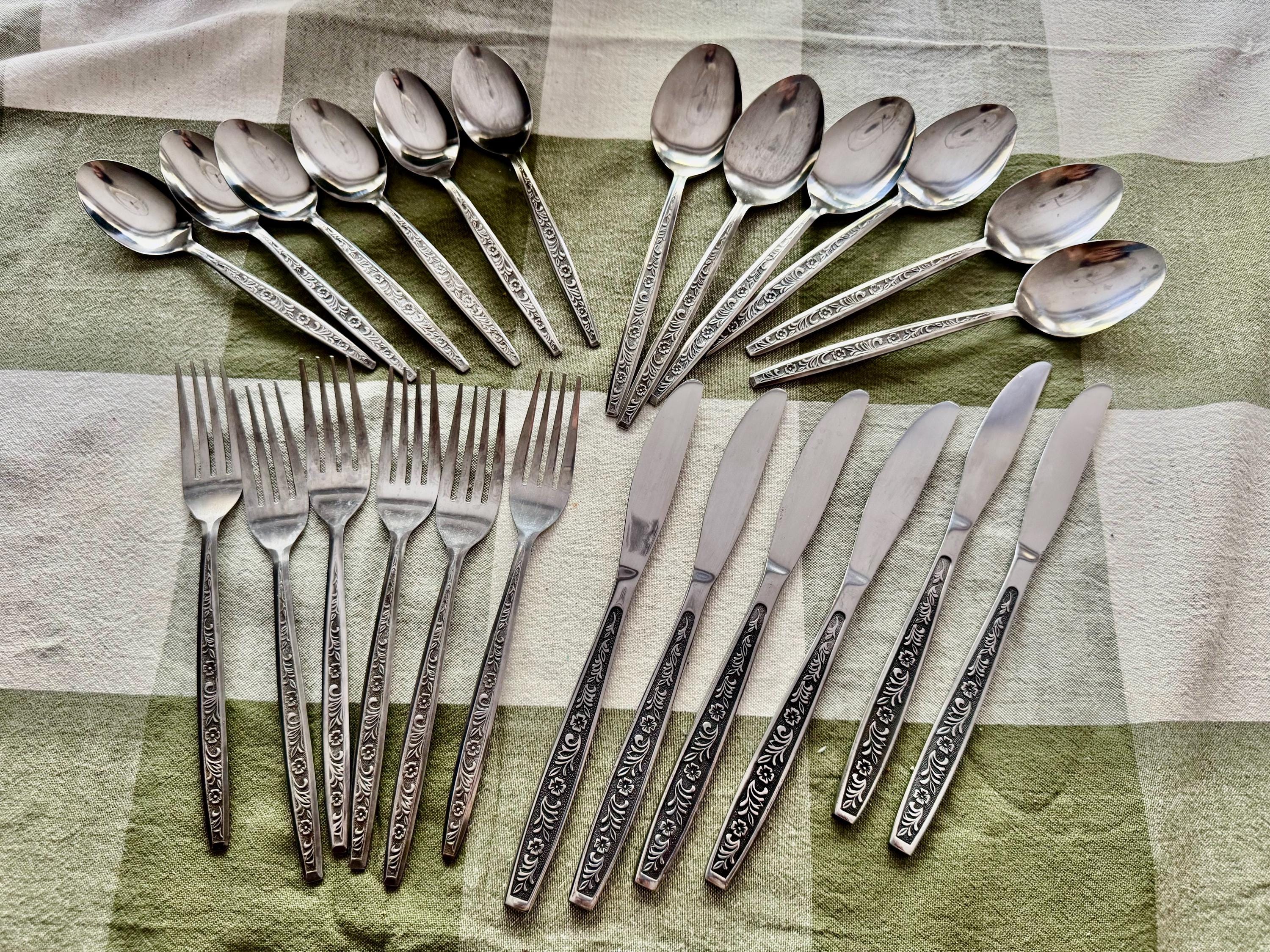 Vintage Stainless Steel Japan & Korea Flatware Sets — Ornate Rose Pattern — Custom Sets Available
