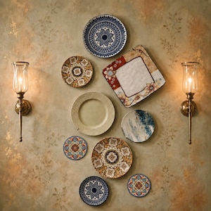 May include: A collection of nine decorative wall plates arranged around a central plate, featuring various patterns including blue and white floral, geometric, and abstract designs, flanked by two brass wall sconces with glass hurricane shades.