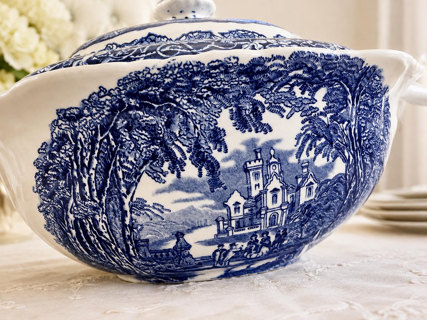 Vintage Mason’s Vista Blue Transferware Covered Soup Tureen With Ladle — English Ironstone