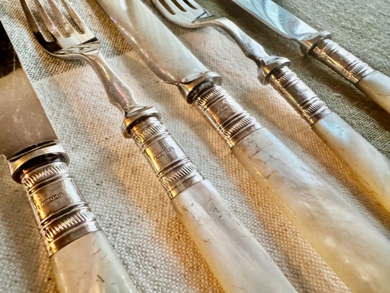 Antique Mother of Pearl Flatware — Sterling Silver Mounts — Curated Sets with Optional Serving Piece Option A: 23pcs