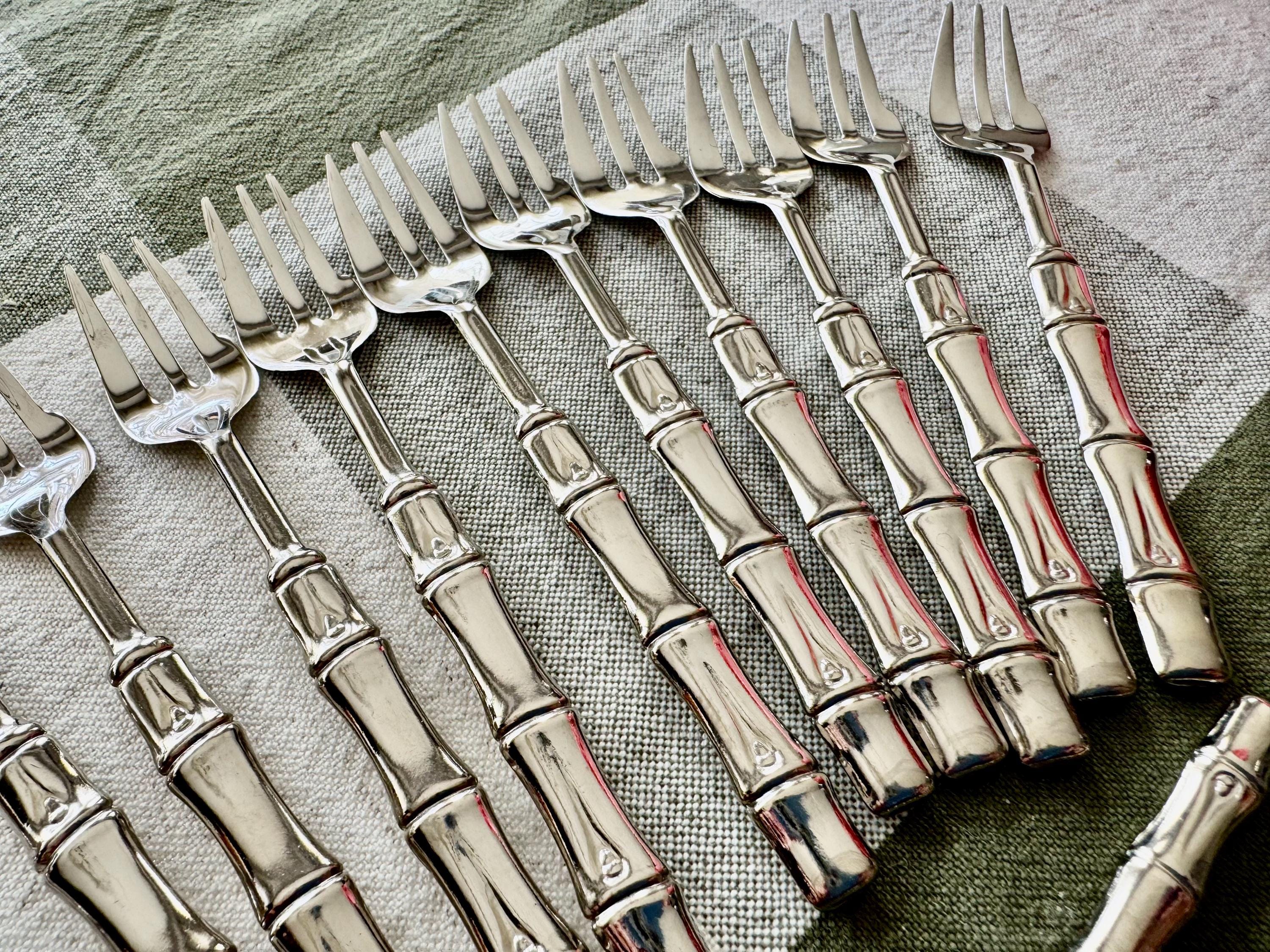Vintage Italian Silver Plated Bamboo Flatware Set – 12 Hors d’Oeuvres Forks & Sugar Spoon