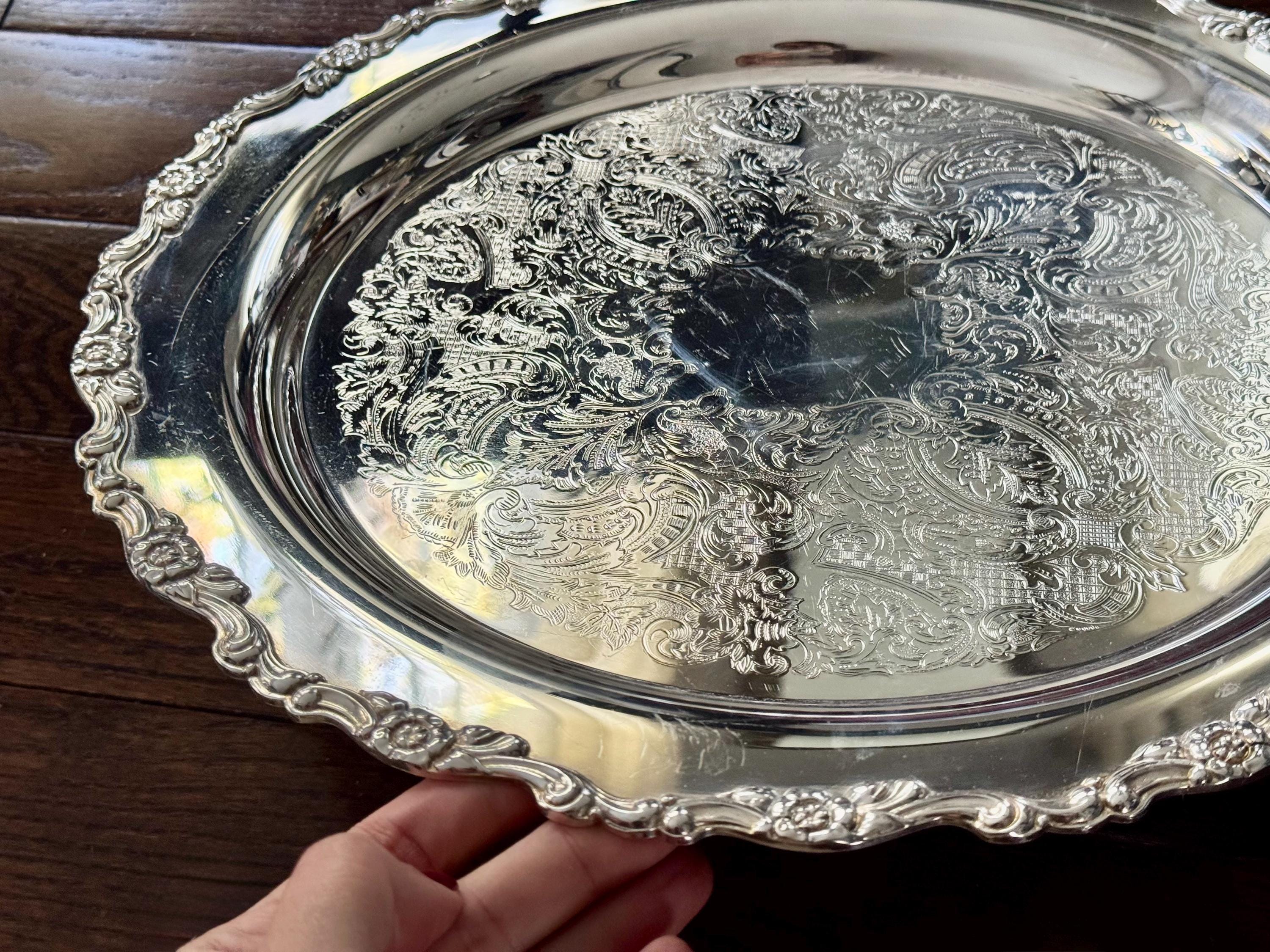 Vintage Oneida USA Silverplate Heavy Serving Tray | 15 1/4” Ornate Floral Round Platter