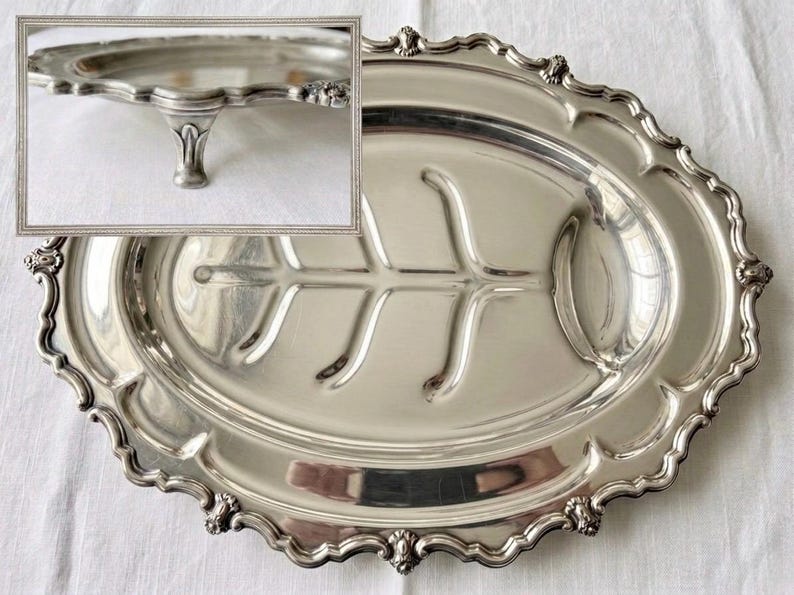 Elegant Vintage Silverplate Meat Trays – Footed – Ornate & Functional – Sold Individually Old Romance 17”x13”