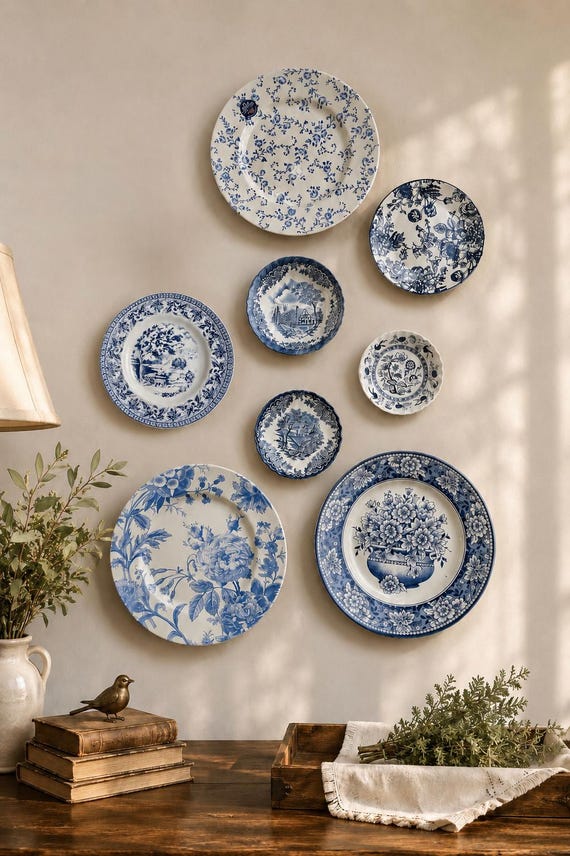Vintage Blue & White Wall Plate Gallery – Curated Collection of 8 Plates