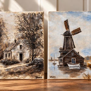 Original 8x10 Landscape Painting by Toronto Artist Vadim – Framed Cottage or Windmill Art