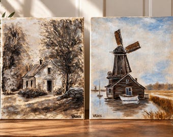 Original 8x10 Landscape Painting by Toronto Artist Vadim – Framed Cottage or Windmill Art