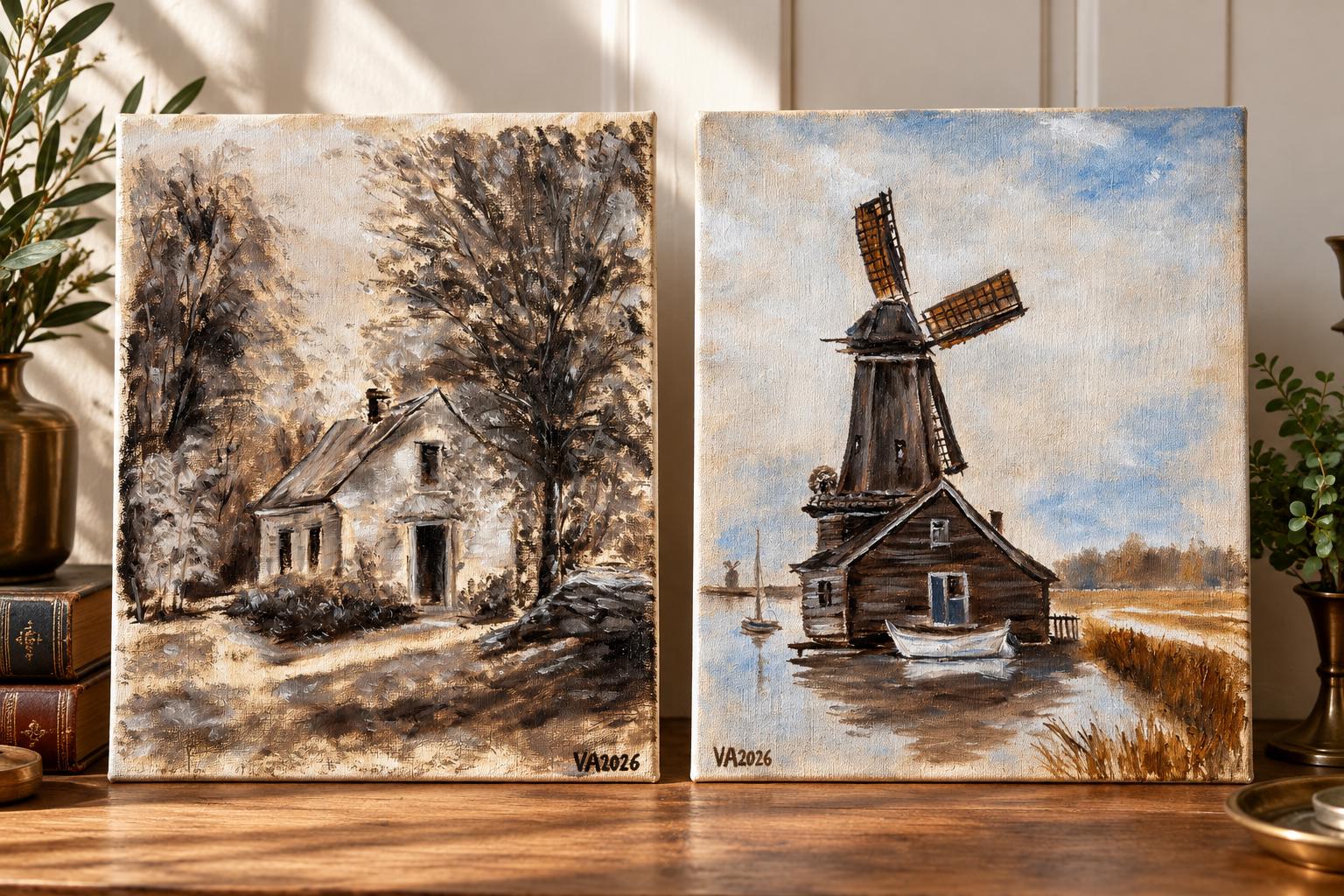 Original 8x10 Landscape Painting by Toronto Artist Vadim – Framed Cottage or Windmill Art