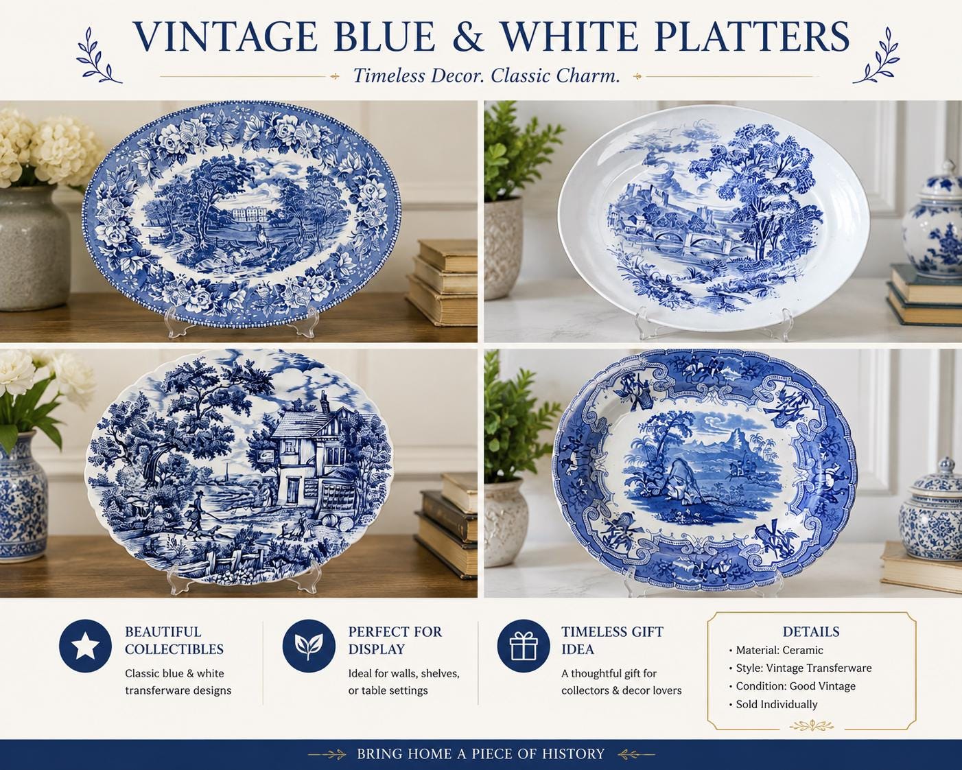 Vintage or Antique Blue & White Transferware Serving Platters