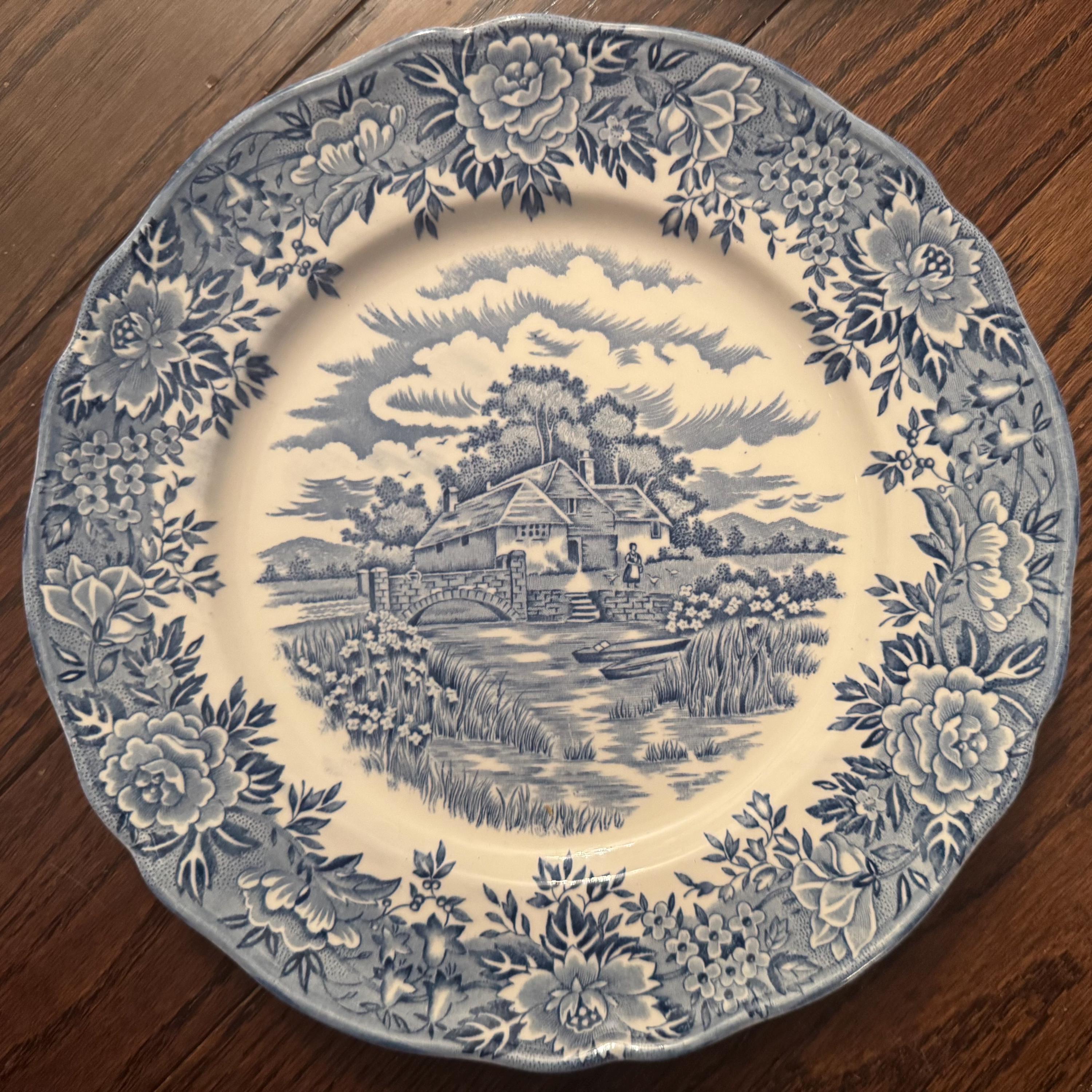 Vintage Blue & White Transferware Plates – English Countryside Scenes, Set of 7
