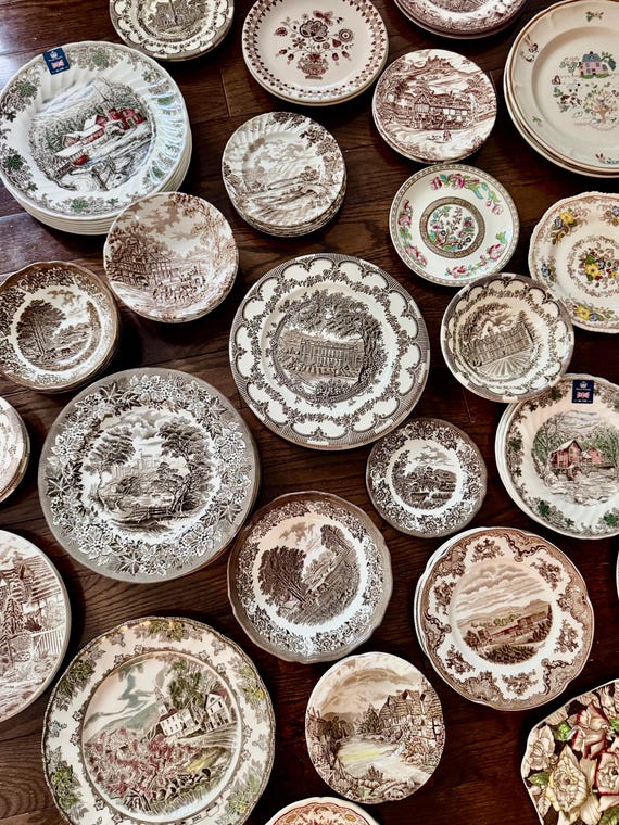 Vintage Brown Transferware Plates – Set of 7 Eclectic Cottagecore Display — Wall Gallery