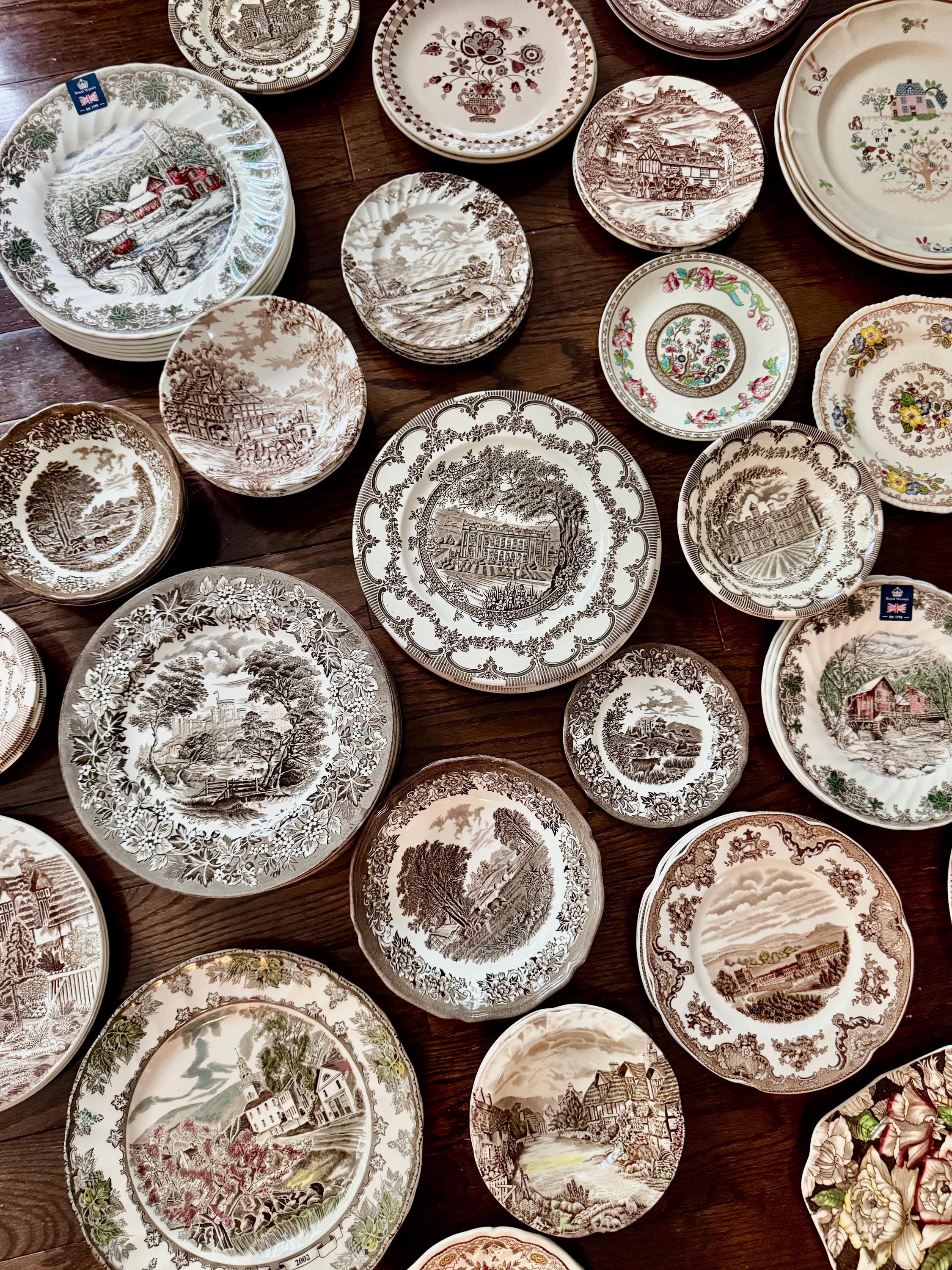 Vintage Brown Transferware Plates – Set of 7 Eclectic Cottagecore Display — Wall Gallery