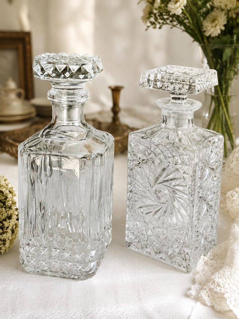 May include: Two clear glass decanters with intricate diamond and geometric patterns. One has a round stopper, the other a square stopper. The decanters are on a white surface, with flowers in the background.