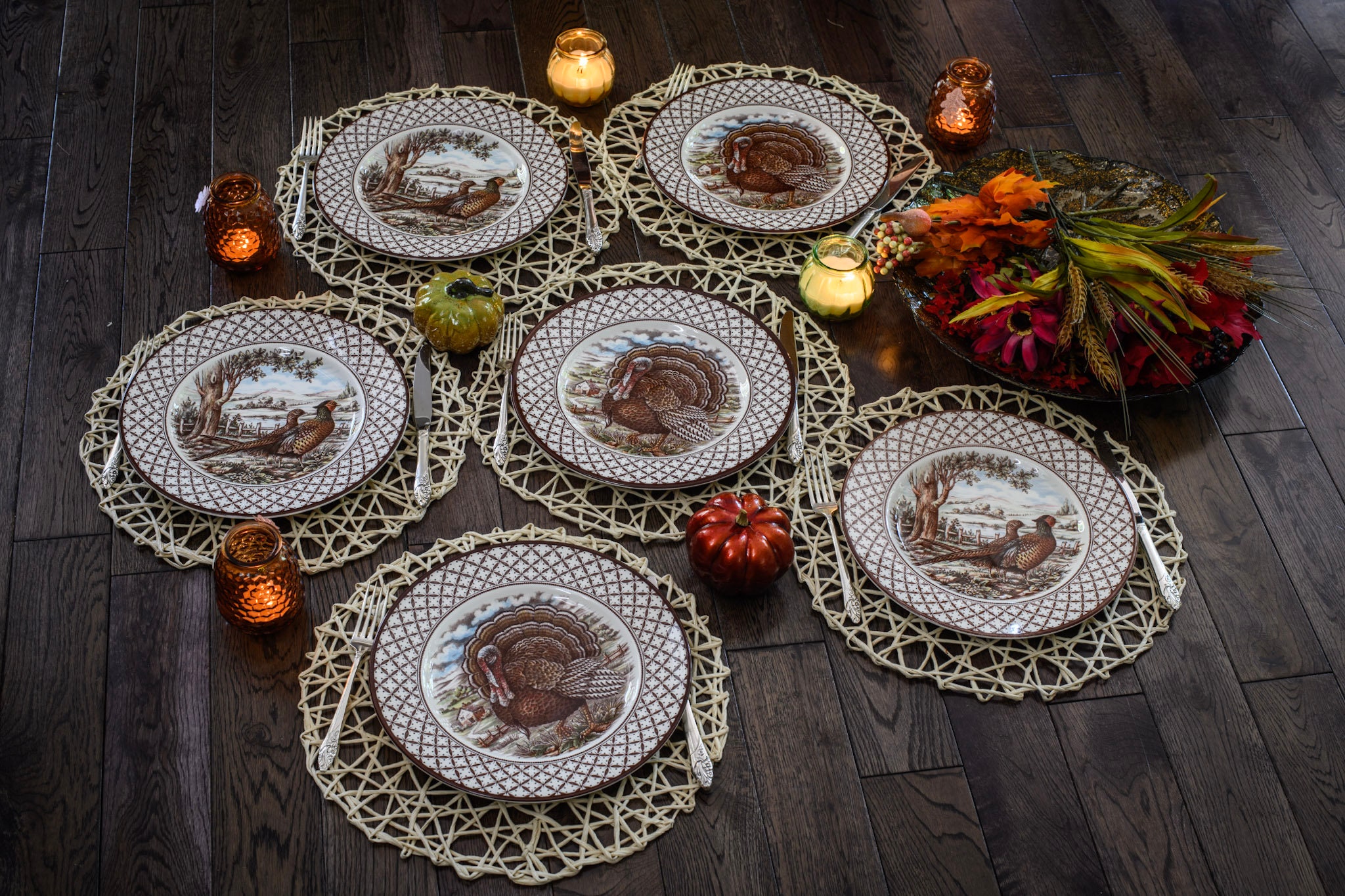 New Transferware Fall Thanksgiving Theme - Dinner Plates 11” - Chantilly Royal Stafford - Made in England