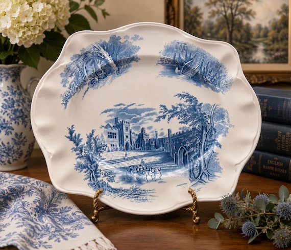 Vintage Johnson Bros. “Haddon Hall” Blue Transferware Serving Platter – 14” × 11.5” – Made in England