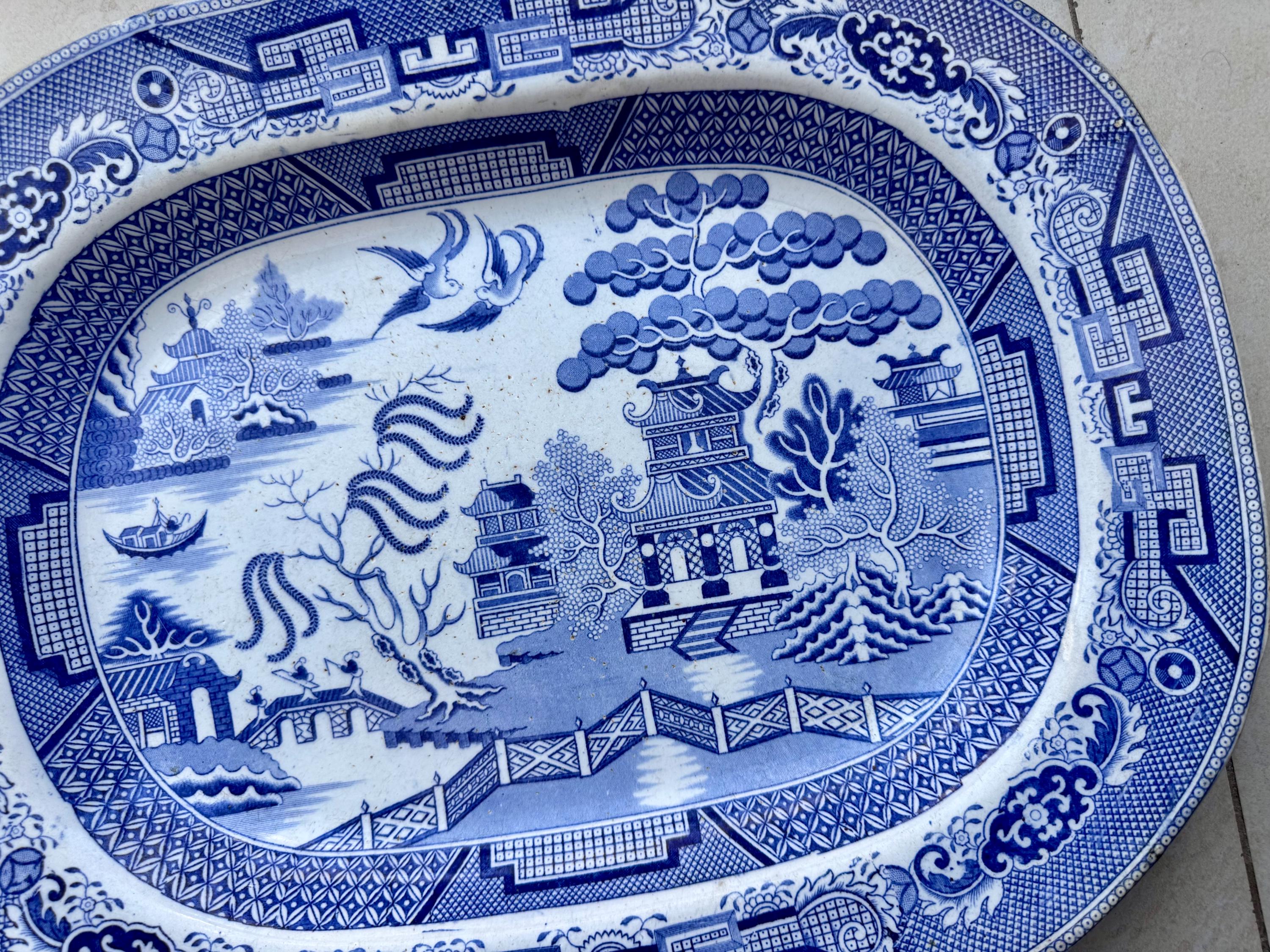 Antique M.T. & Co. Blue Willow Stoneware Platter – England, Circa Mid-19th Century