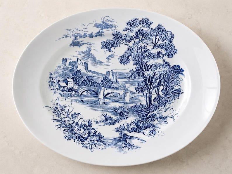 Vintage or Antique Blue & White Transferware Serving Platters B. Wedgwood Country