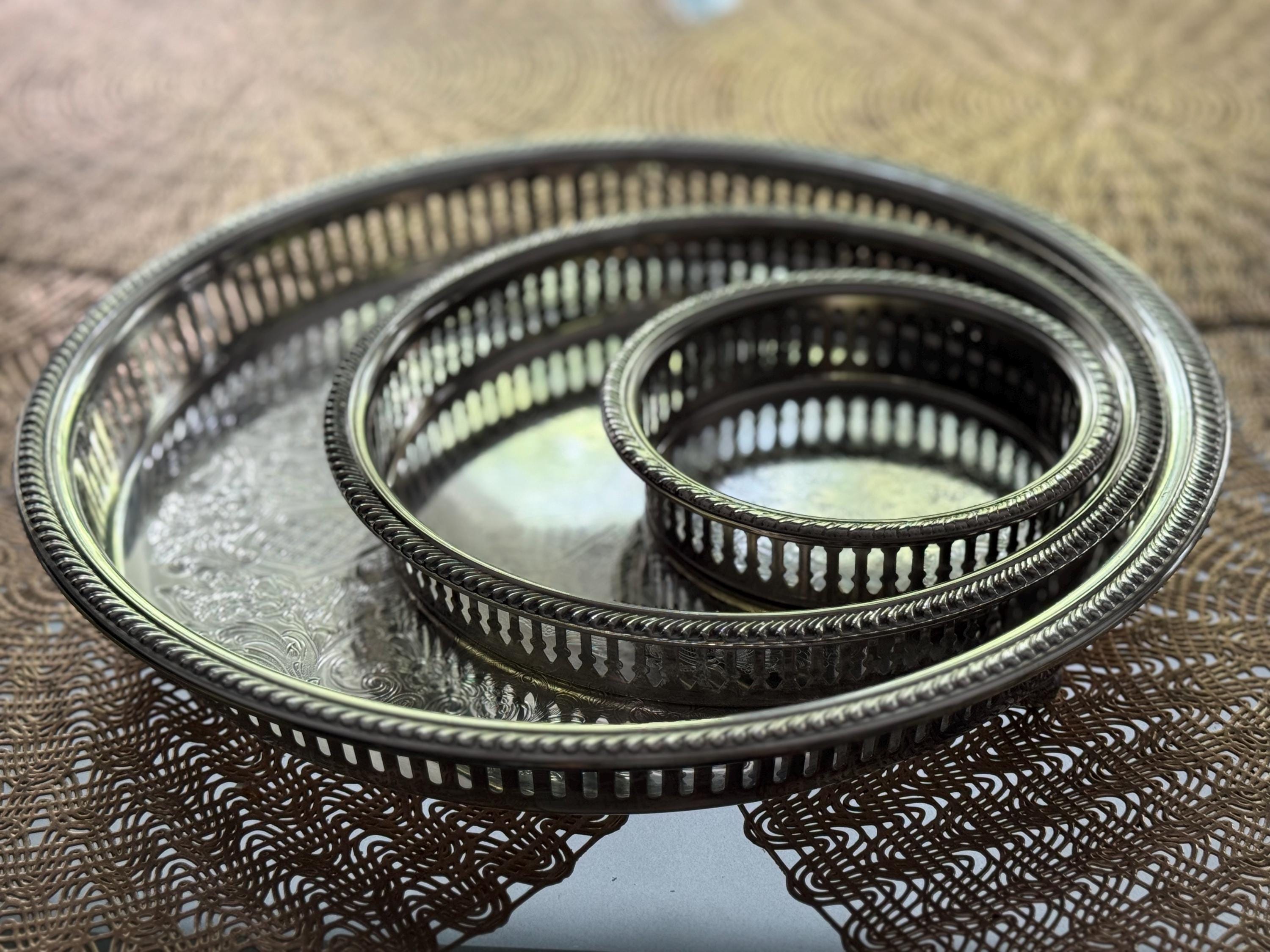 Vintage Silverplate Gallery Trays – Ornate Round Serving Trays with Pierced Sides