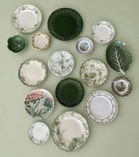 Curated Vintage Green Wall Gallery – Set of 7 Decorative Plates