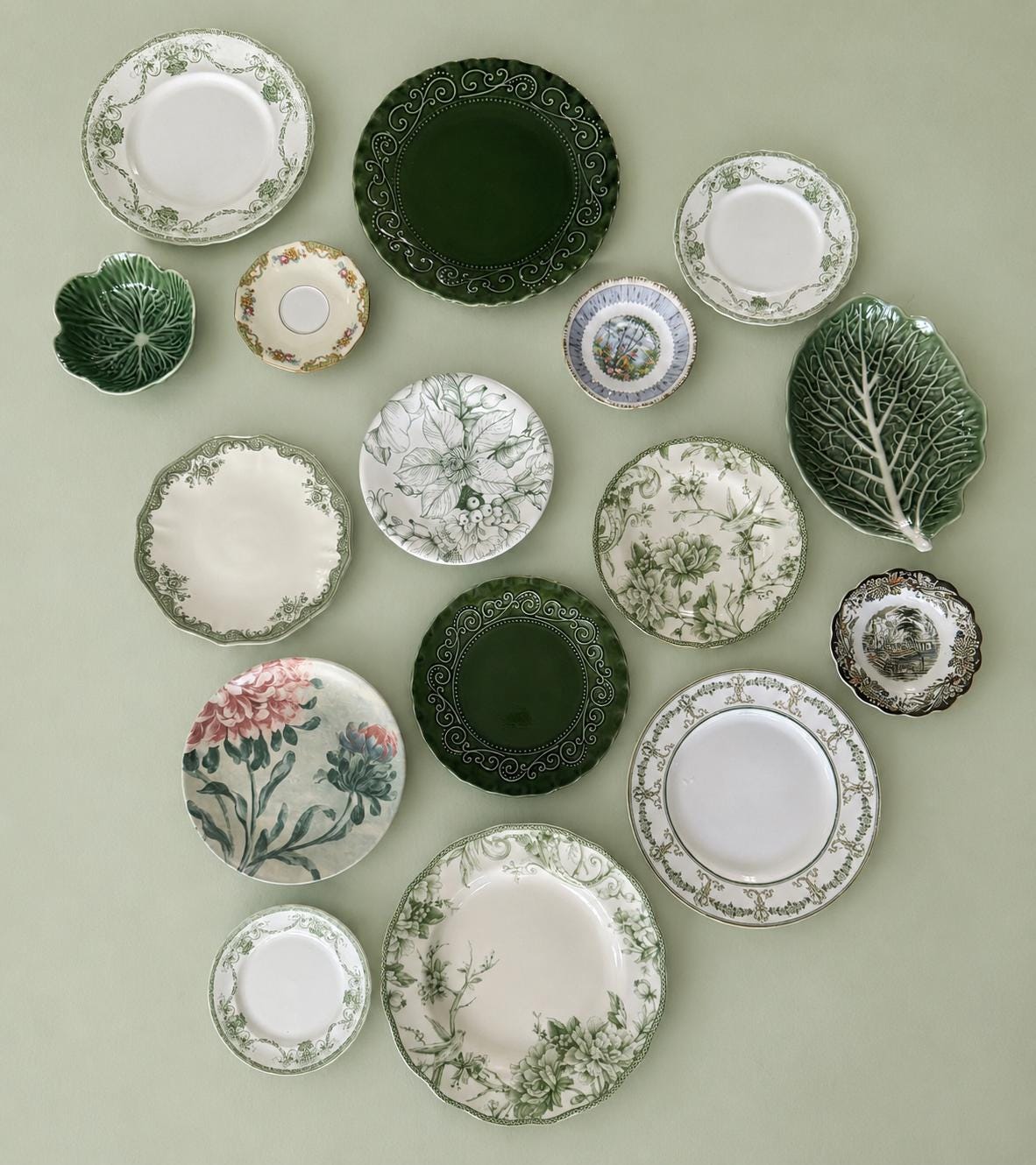 Curated Vintage Green Wall Gallery – Set of 7 Decorative Plates