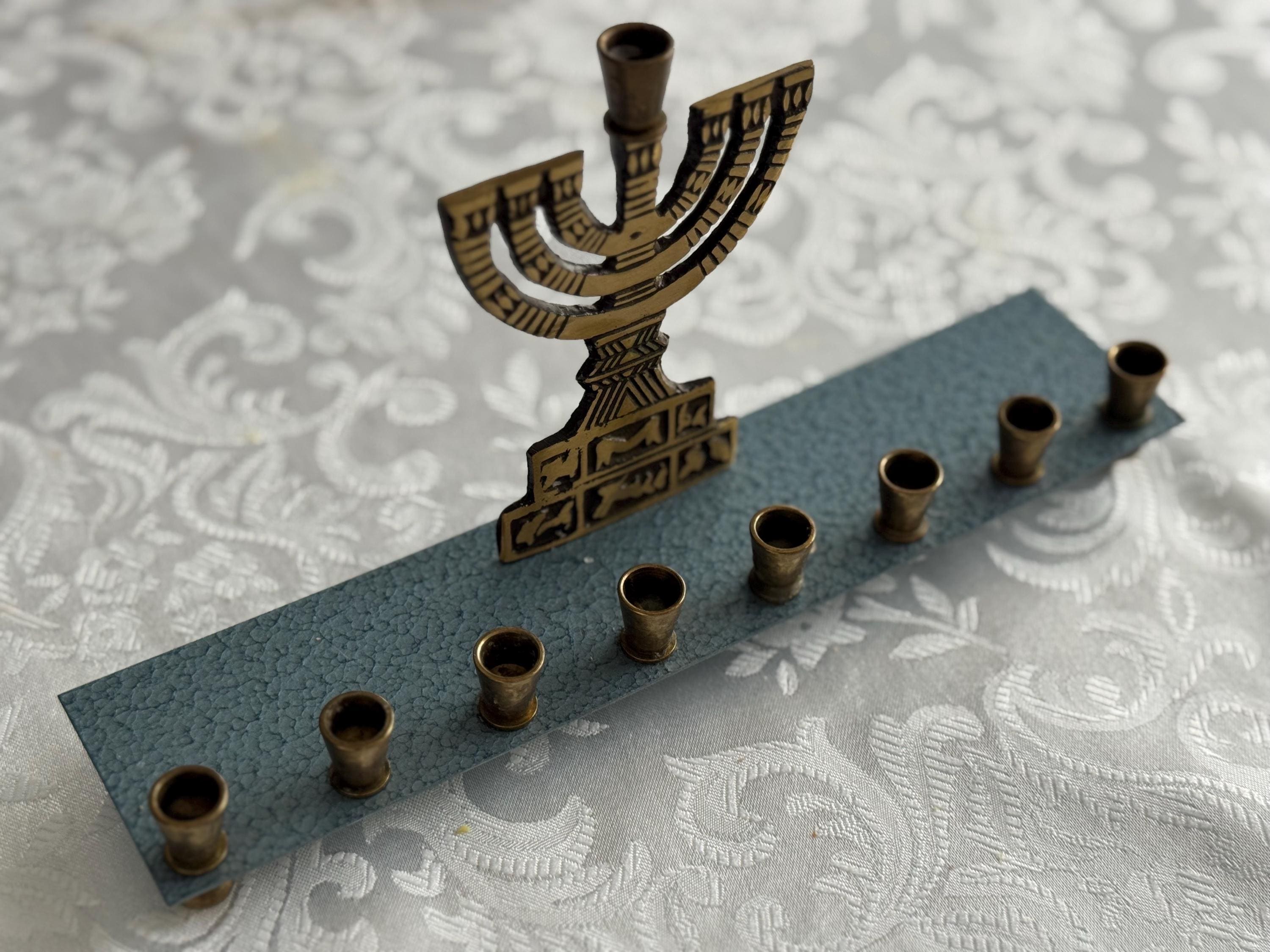Vintage Oppenheim Israel Brass Menorah – Mid-Century Hanukkah Candle Holder – Blue Enamel Base – Judaica Collectible