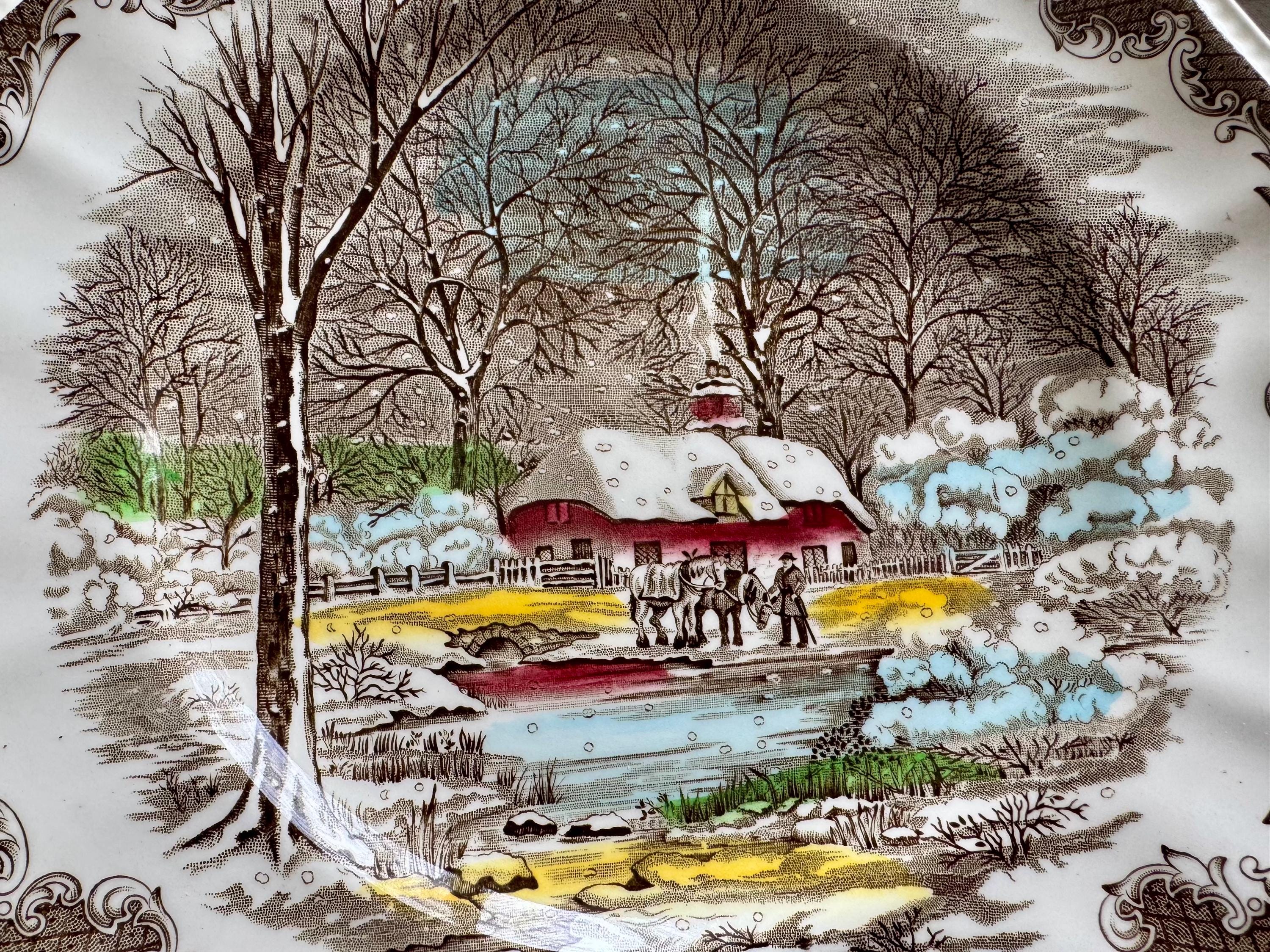 Vintage Winter-Themed Dinner Plates 10” – Johnson Bros “Friendly Village” & Kensington Ironstone “Shakespeare’s Sonnets”