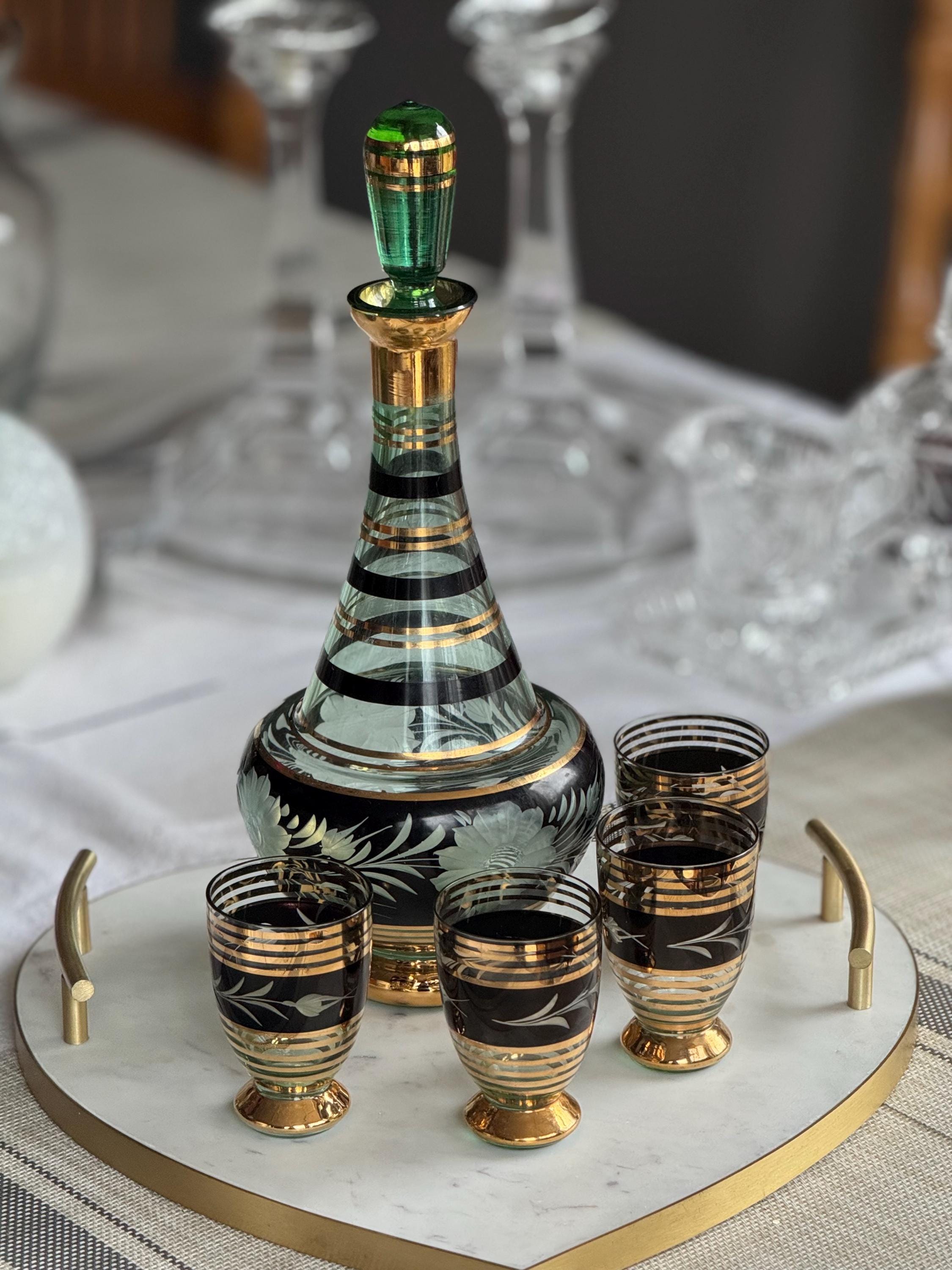 Vintage Bohemia Glass Decanter Set: Hand-Painted 22K Gold, Czechoslovakia