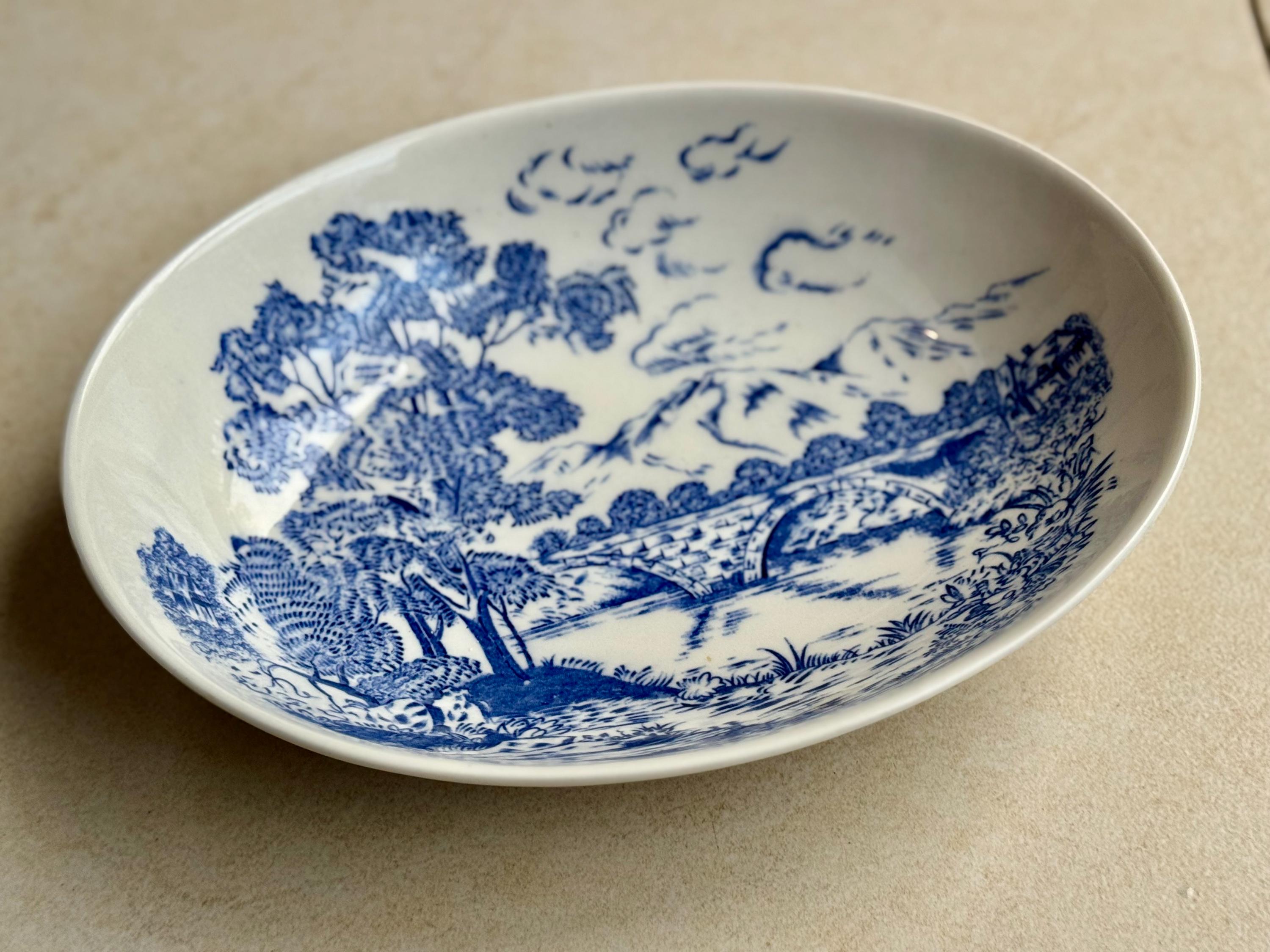 Vintage “English Country Garden” Blue & White Oval Serving Dish – Made in Japan