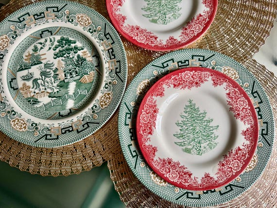 New Vintage Style Transferware - Christmas Dinner for Two - Green Willow & Christmas Tree - Royal Stafford England