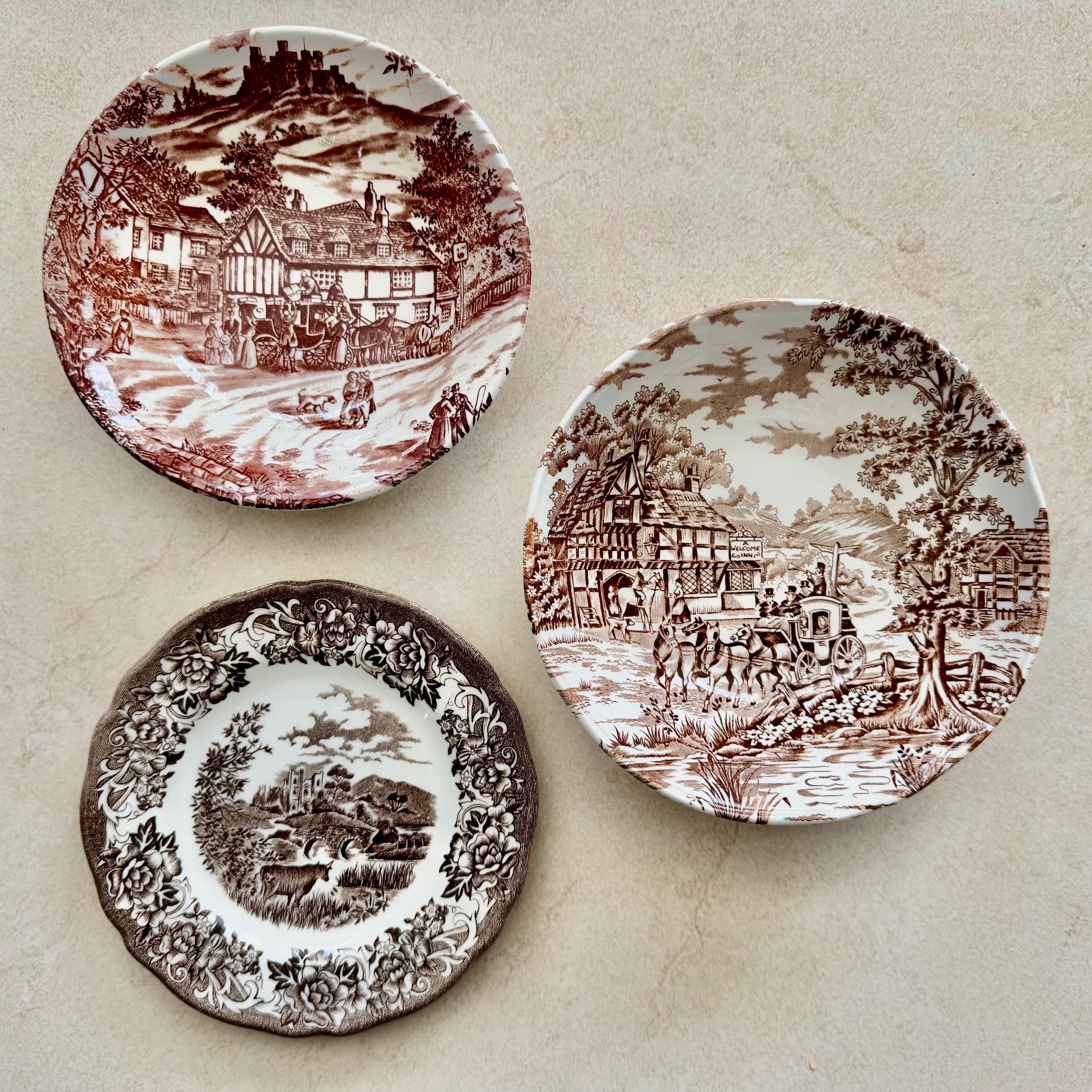 Vintage Brown Transferware Wall Gallery Plate Set or Oil Art —Cottagecore Wall Decor — 7 Plates