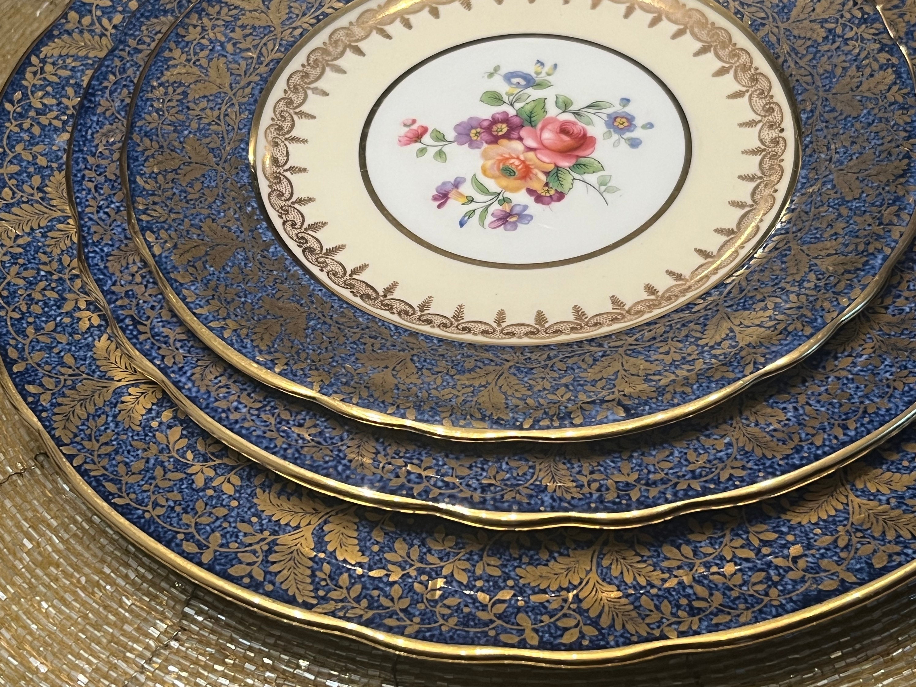 Vintage Aynsley Cobalt Blue Gold Encrusted Fine Bone China Dinner Set for Two