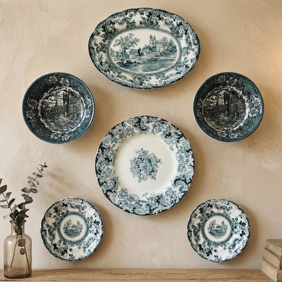Curated Coordinated English Teal Transferware Wall Collection – Antique & Vintage Staffordshire China Display Set