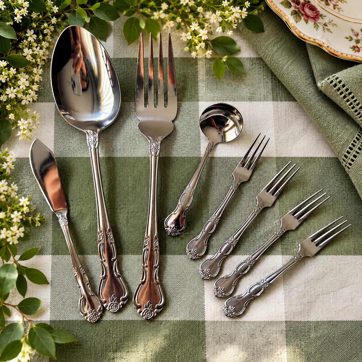 Vintage Rose Stainless Steel Serving & Hostess Set – 8 Pieces