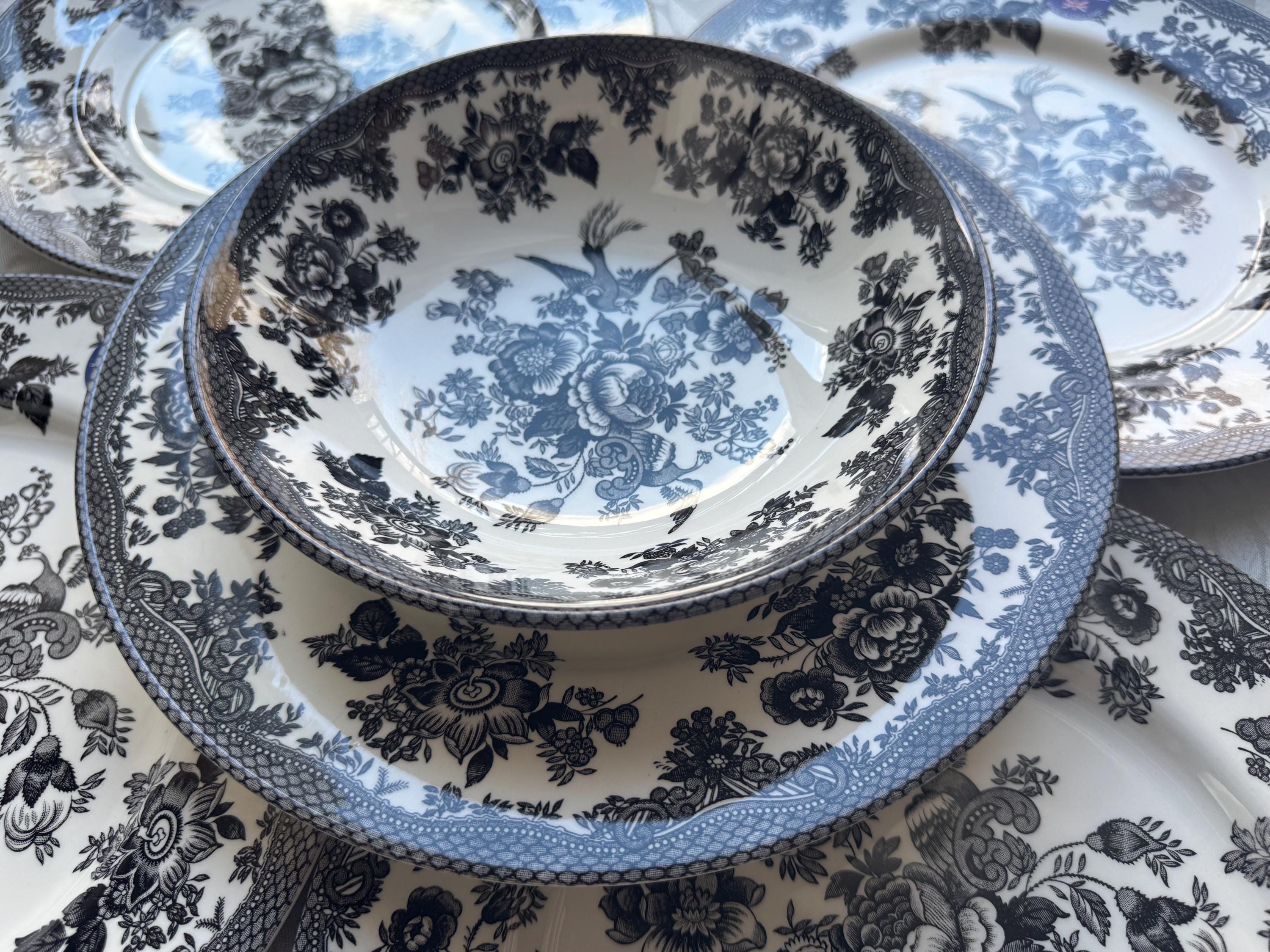 Royal Stafford Asiatic Pheasant Plates or Bowls - Black Transferware Set