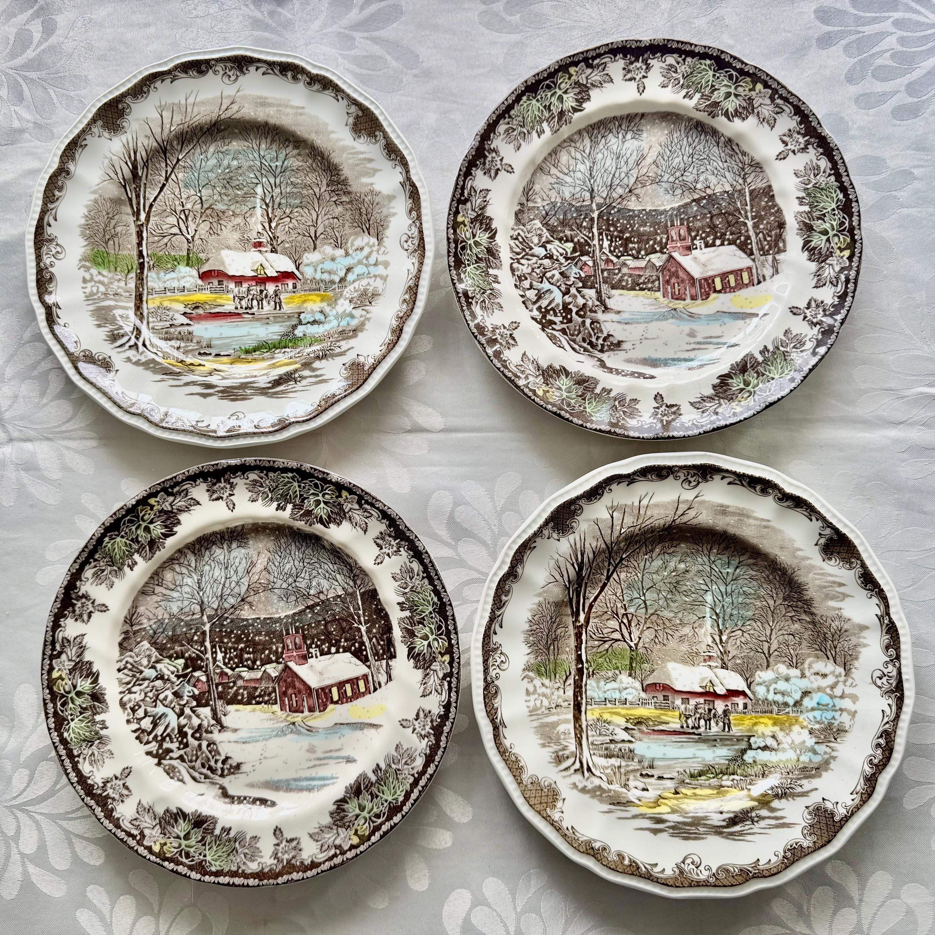 Vintage Winter-Themed Dinner Plates 10” – Johnson Bros “Friendly Village” & Kensington Ironstone “Shakespeare’s Sonnets”