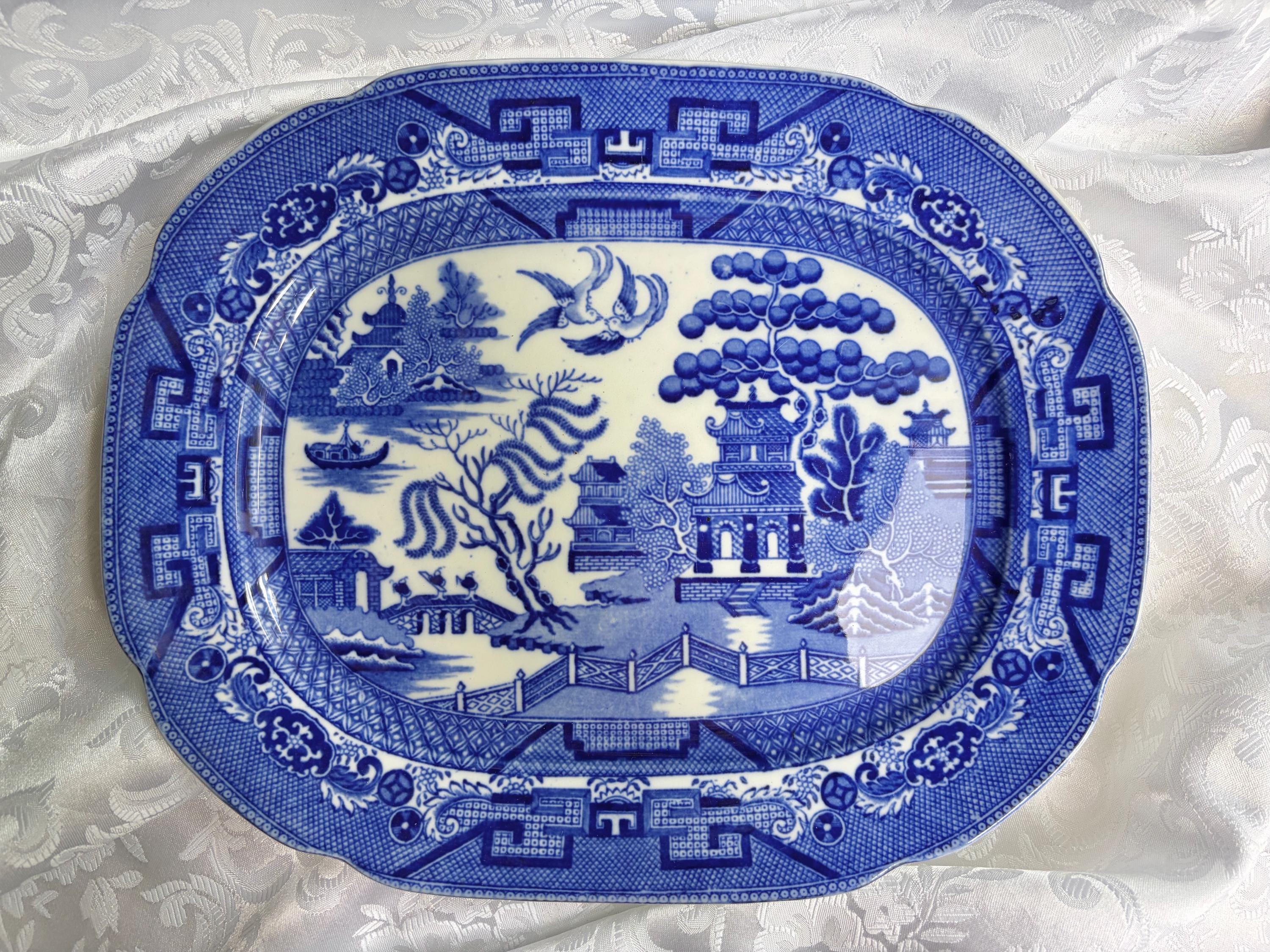 Antique or Vintage Blue White Transferware Platters | W. Ridgway Blue Willow 1912–1927, Royal Grafton Bone China, Wood & Sons England