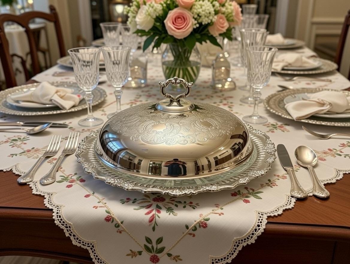 Fancy & Ornate Large Vintage Silver Plate Covered Dish with Glass Insert, Sheffield Reproduction